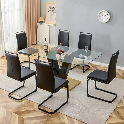 Miniatura 8 de Juego de mesa de comedor de vidrio de 71 pulgadas para 6, juego de mesa de comedor para 6, mesa de cocina moderna y 6 sillas de PU, parte superior