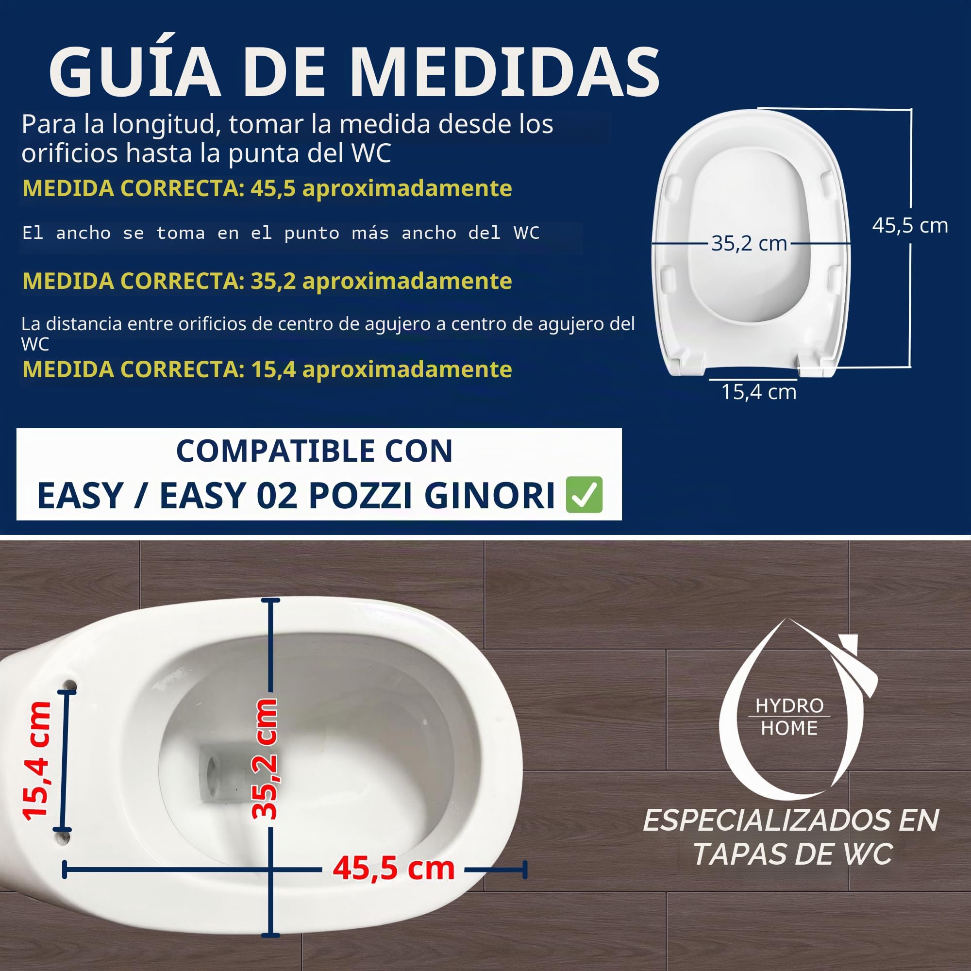 HYDRO HOME Tapa WC Pozzi Ginori Easy y Easy 02 como la original, asiento de inodoro en material termoestable, tapa de váter con bisagras de fijación superior, MADE IN ITALY (CIERRE CLASICO)