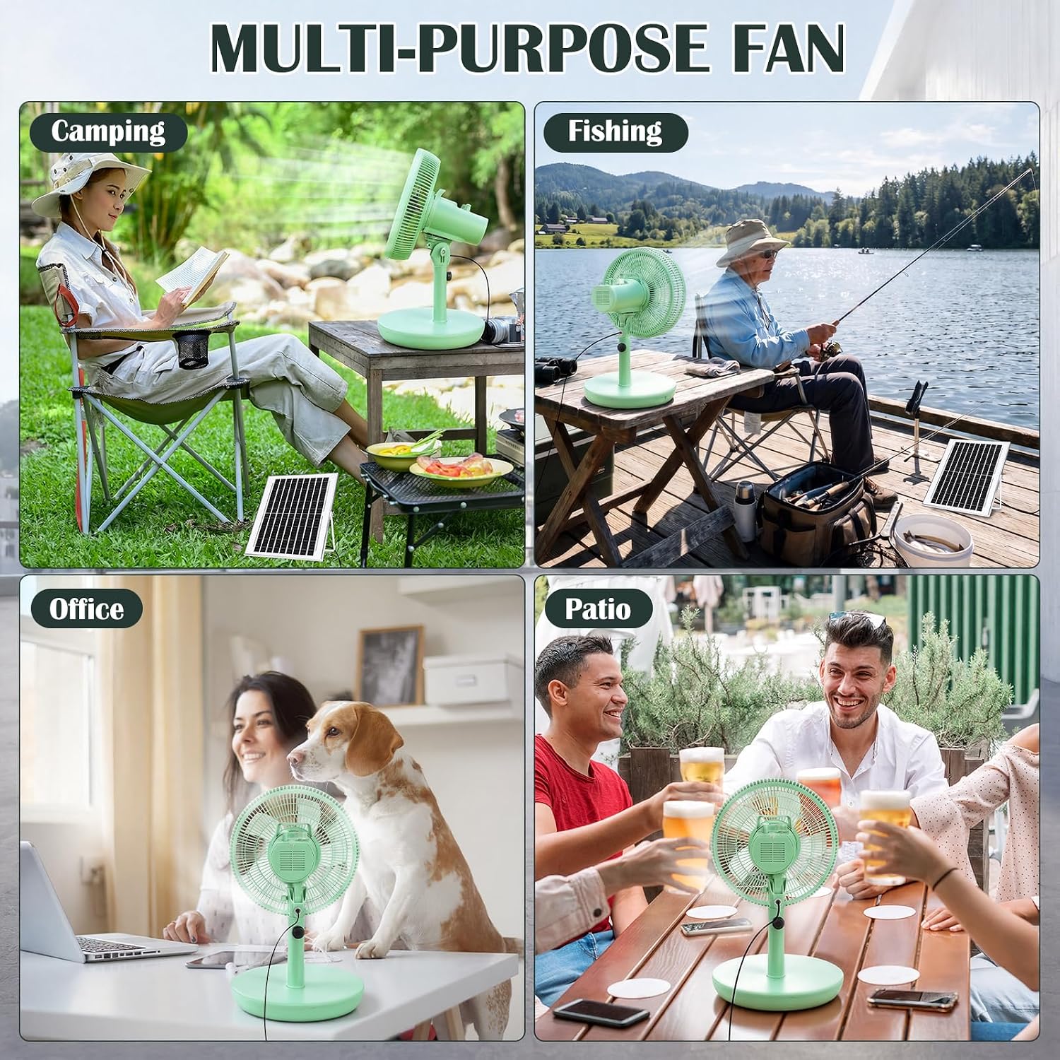 12 Inch Solar Powered Table Fan with Solar Panel, Rechargeable 8800 Mah Battery Operated Oscillating Standing Fan, 3 Speeds, Portable for Camping, Patio, Home Office(Mint Green)
