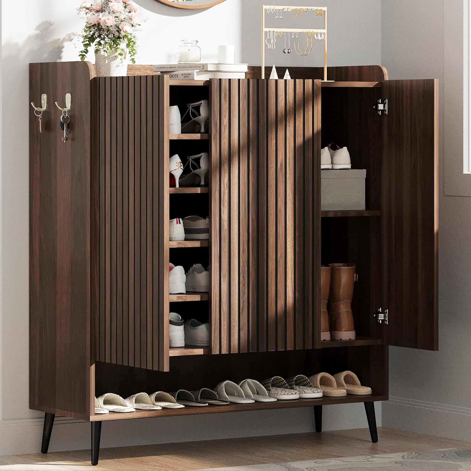 GarveeHome Shoe Cabinet, Large Shoe Cabinet with 3 Doors, Adjustable Shelves, Shoe Organizer with Doors for Hallway, Entryway, Living Room,Nut-Brown