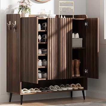 GarveeHome Shoe Cabinet, Large Shoe Cabinet with 3 Doors, Adjustable Shelves, Shoe Organizer with Doors for Hallway, Entryway, Living Room,Nut-Brown