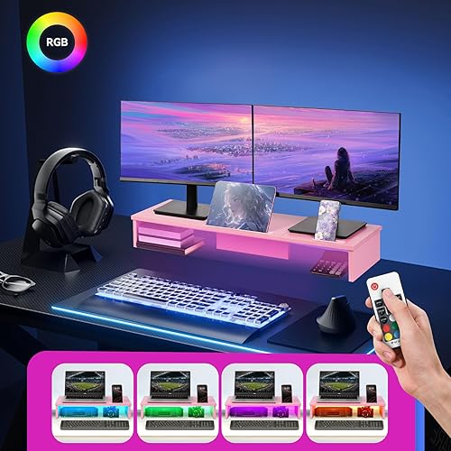 Miniatura 6 de Soporte elevador de monitor doble con luces LED y soporte para tableta de teléfono, soporte de monitor grande de 35.8 pulgadas para escritorio,