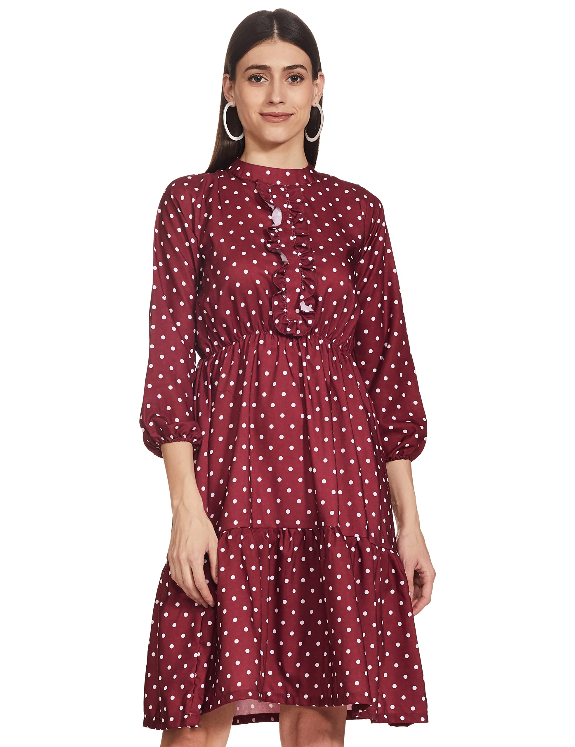 Om Sai Latest Creation Women's Sleeveless Flare Cut Dress | Ruffled Slit Maxi | A-Line V-Neck Crepe Dress (X-Large, Maroon)