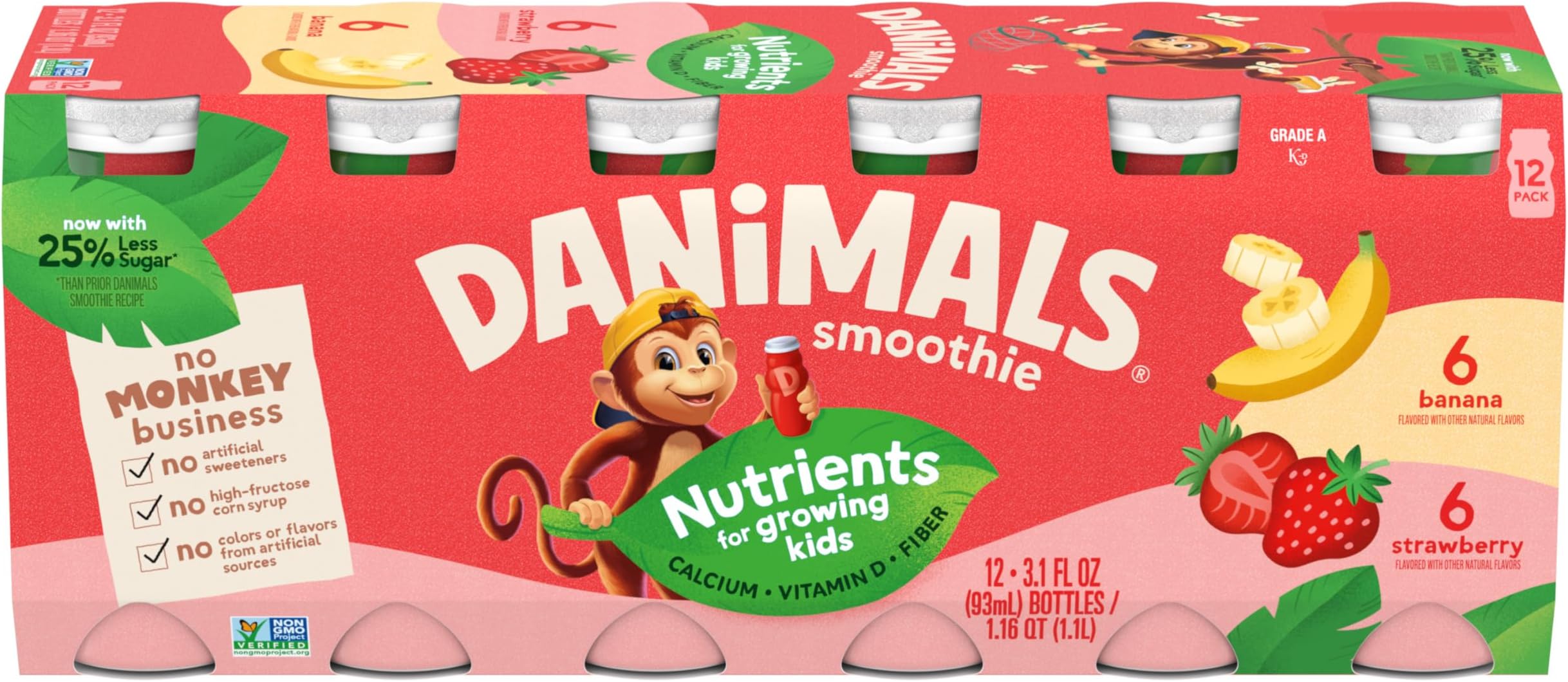 Smoothie Strawberry and Banana Dairy Drink Multi-Pack, Creamy and Delicious Low Fat Snacks for Kids, 12 Ct, 3.1 oz Smoothie Bottles​​