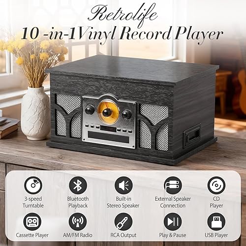 Miniatura 2 de Tocadiscos 10 en 1 con altavoces incorporados, reproducción inalámbrica, reproductor de CD y cassette, reproductor USB, radio AMFM, tocadiscos de 3