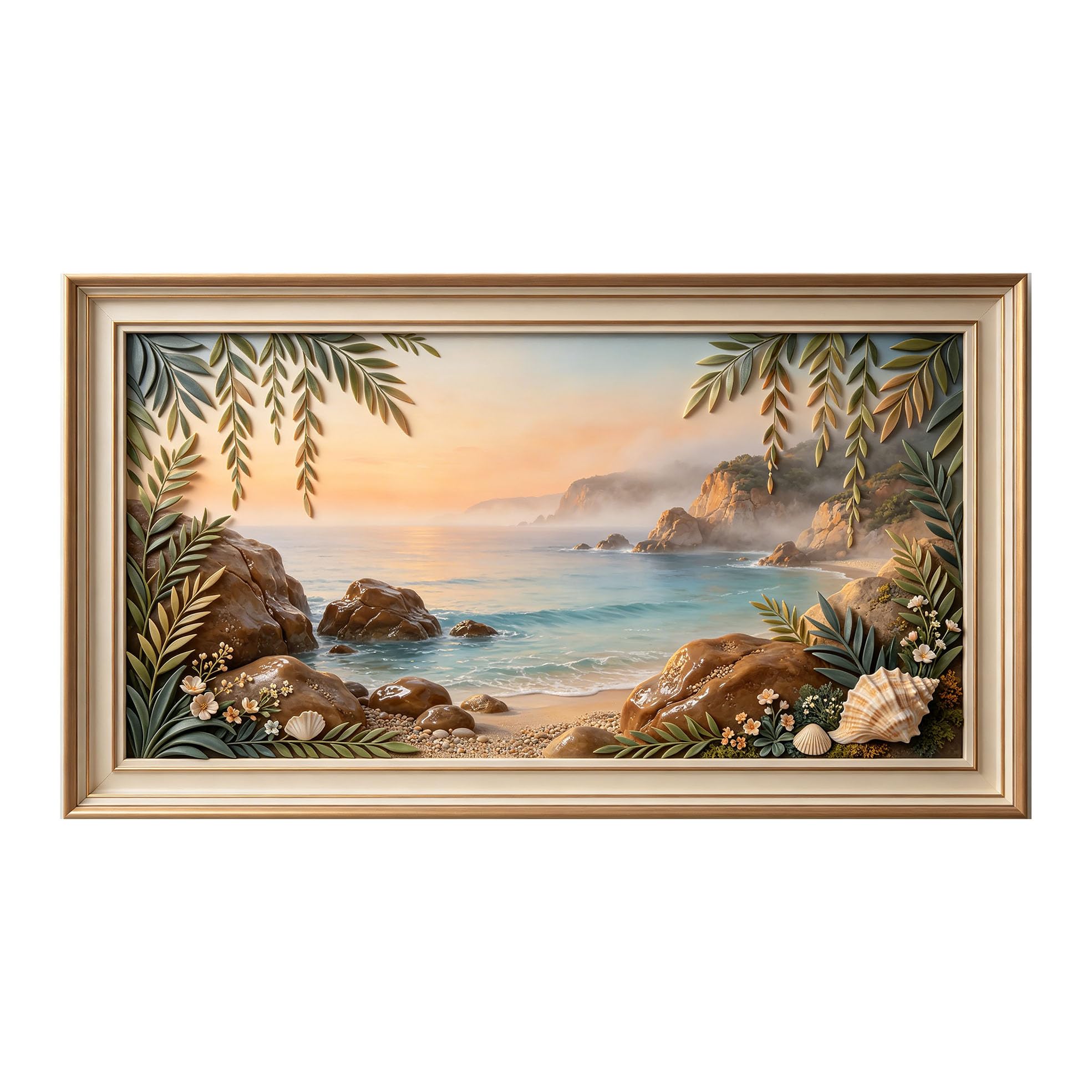 Murasolite 3D Framed Wall Art Coastal Sunset Seascape Ocean View SelfAdhesive Fabric Mural Wall Decor， Peel and Stick No Damage to Wall， AntiFall Safe Design for Bedroom Living Room