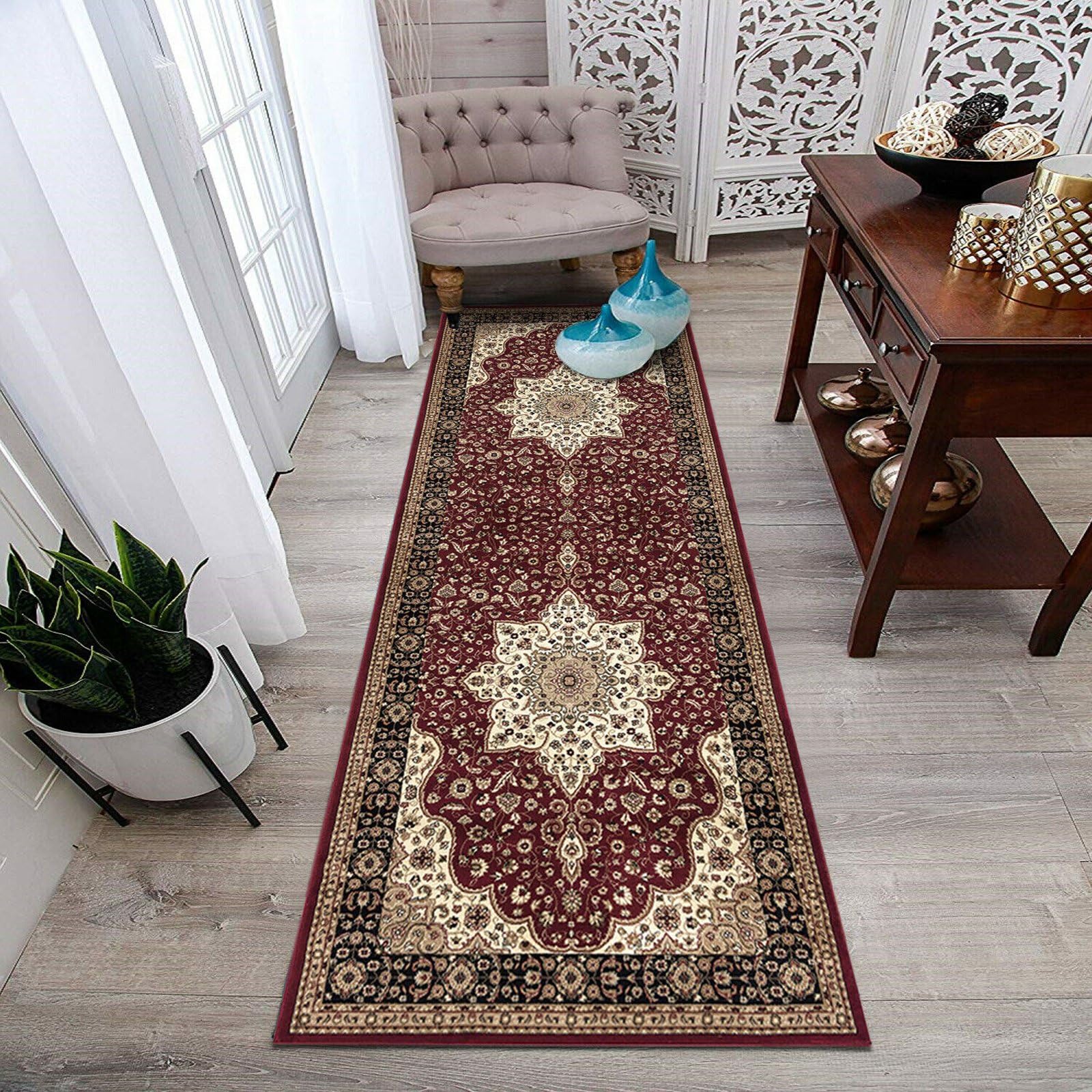 cozily® Runner Rug, Soft Pile Traditional Vintage Carpet Runners for Hallways Long Stair Bedroom Living Room Kitchen Rugs - 60 x 220 Cm - Rome Red — image 1