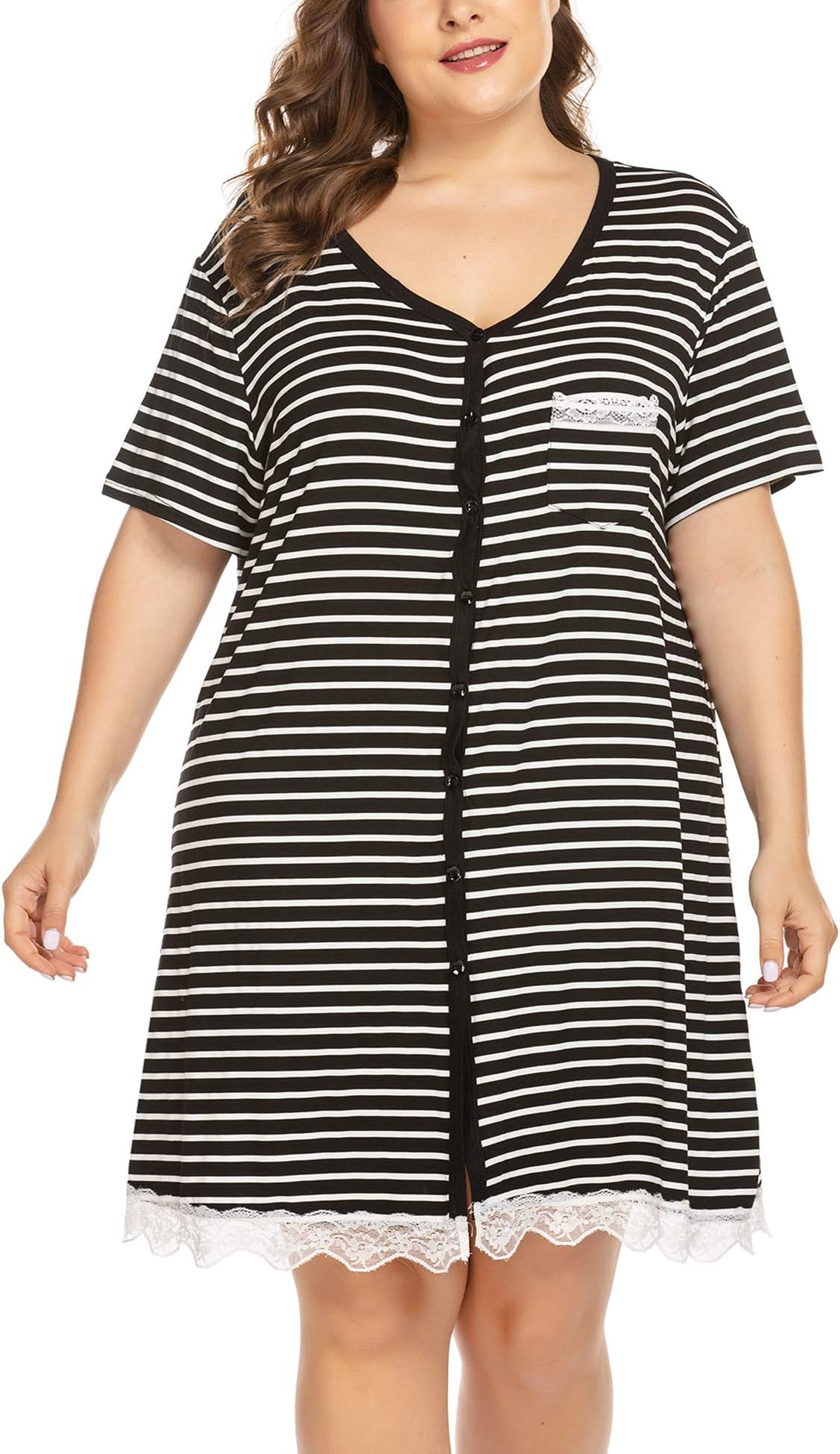 IN'VOLAND Women's Plus Szie Nightshirt Striped Nightgown Tee Short Sleeve Lace Sleepwear with Front Pocket Black