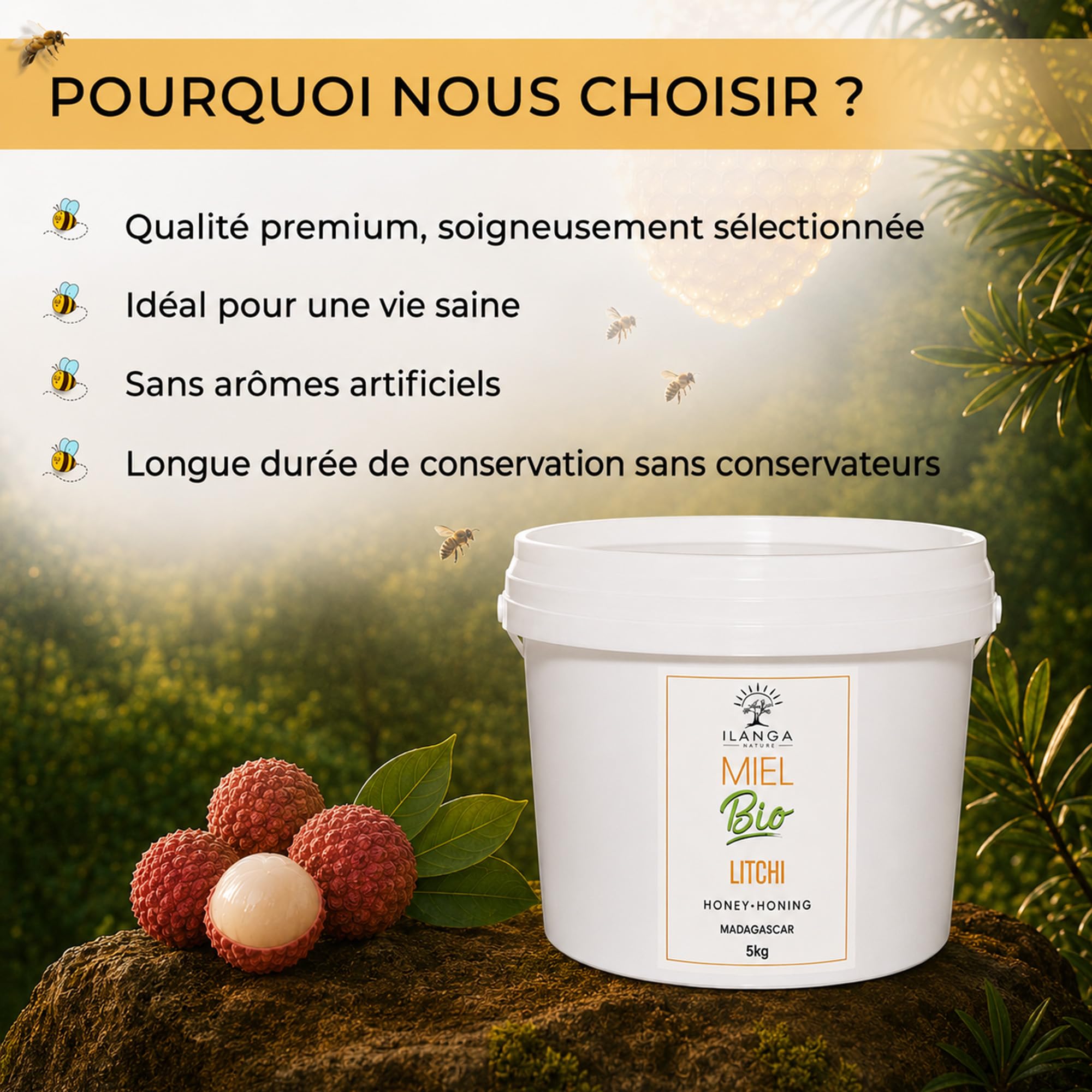 Ilanga Nature - Miel de Litchi BIO - 100% pur - Seau de Miel 5 kg - Format Famillial - Miel de Madagascar