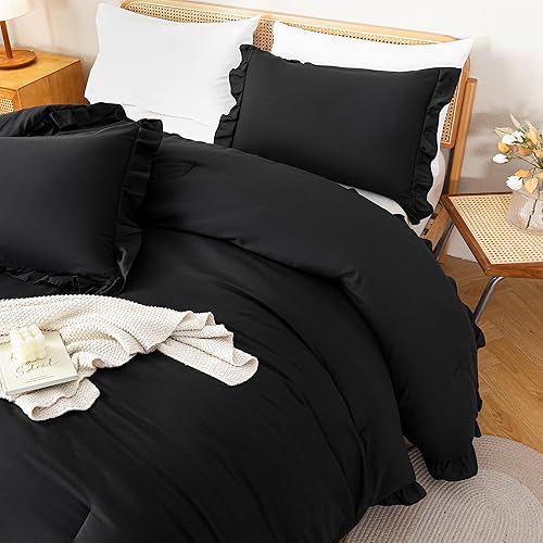 Miniatura 4 de JANZAA - Juego de 1 edredón acolchado tamaño queen y 2 fundas de almohada, con volantes, suaves, de estilo shabby chic, vintage para todas las