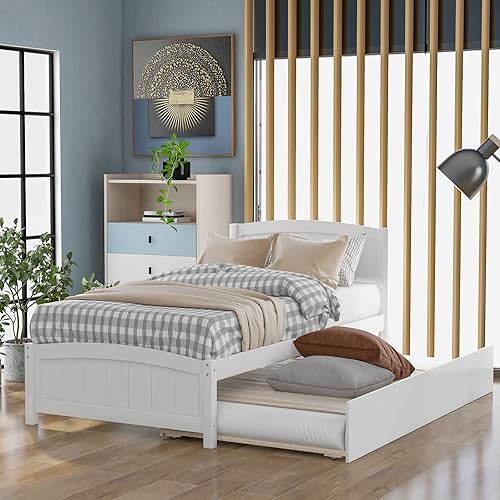 Base de cama de plataforma de tamaño individual con nido y cabecero, marco de cama de madera de pino maciza, no necesita somier, para dormitorio de