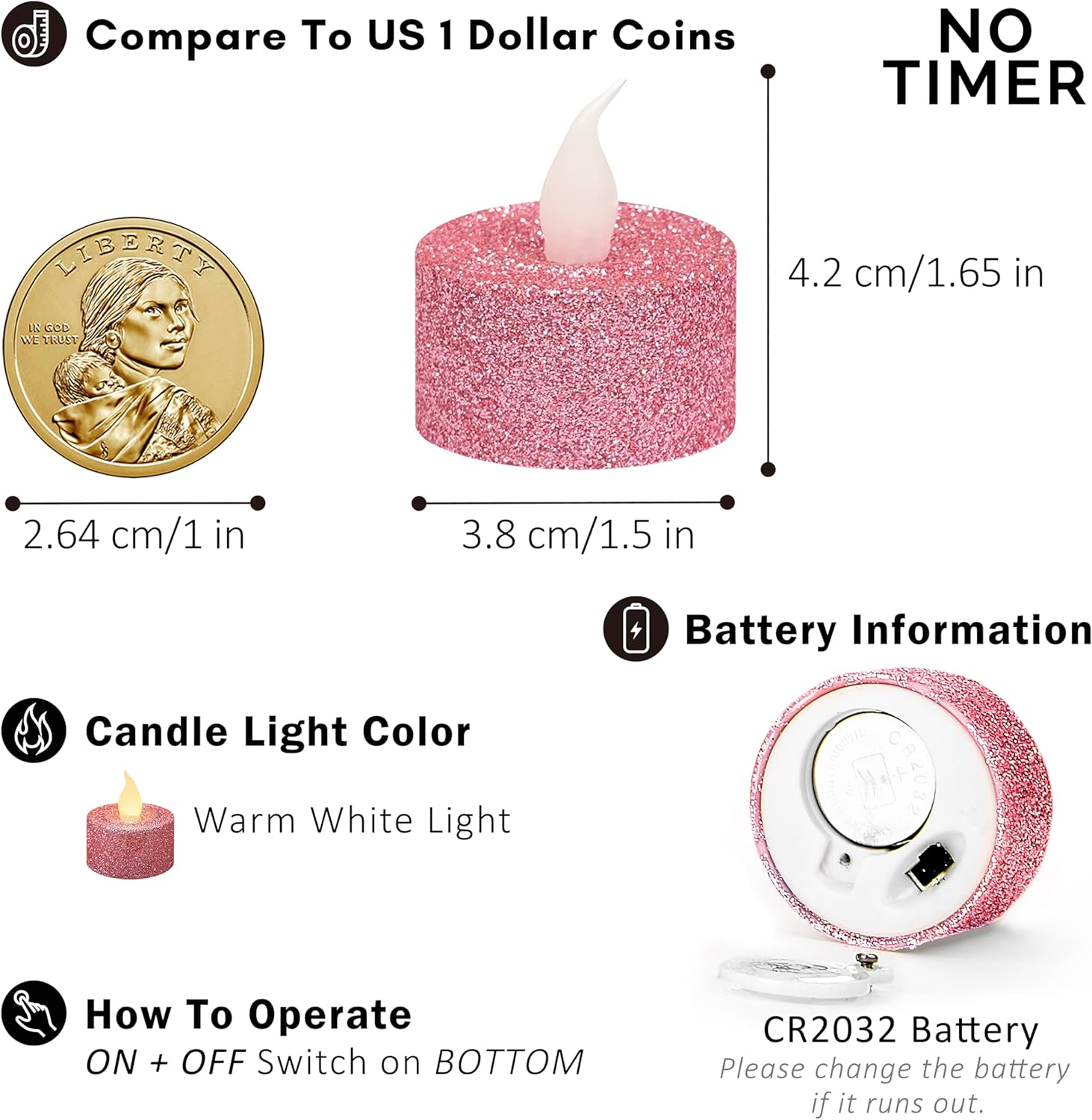 FURORA LIGHTING Pink Glitter LED Tealight Candles Pack of 12, Flameless Flickering Tealight Candles for Home Décor, 1.5’’(W) x 1.65’’(H), Battery Operated