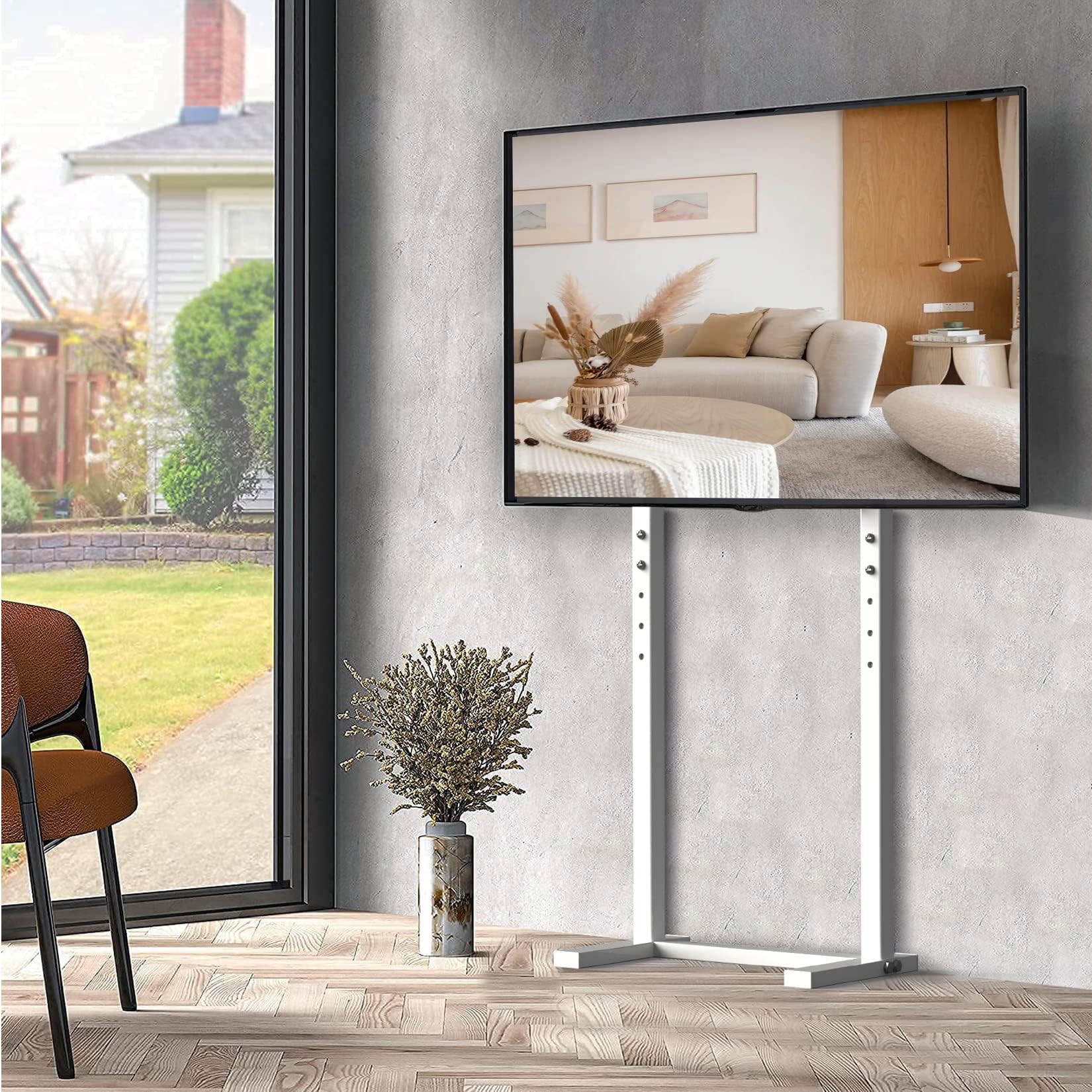 medla White TV Floor Stand: 65 Inch Floor TV Stand Portable TV Tall Stand for 32-65 Inch Corner Television Display Stand for QLED Led Monitor Holds up to 40 KG Max VESA 600x400mm