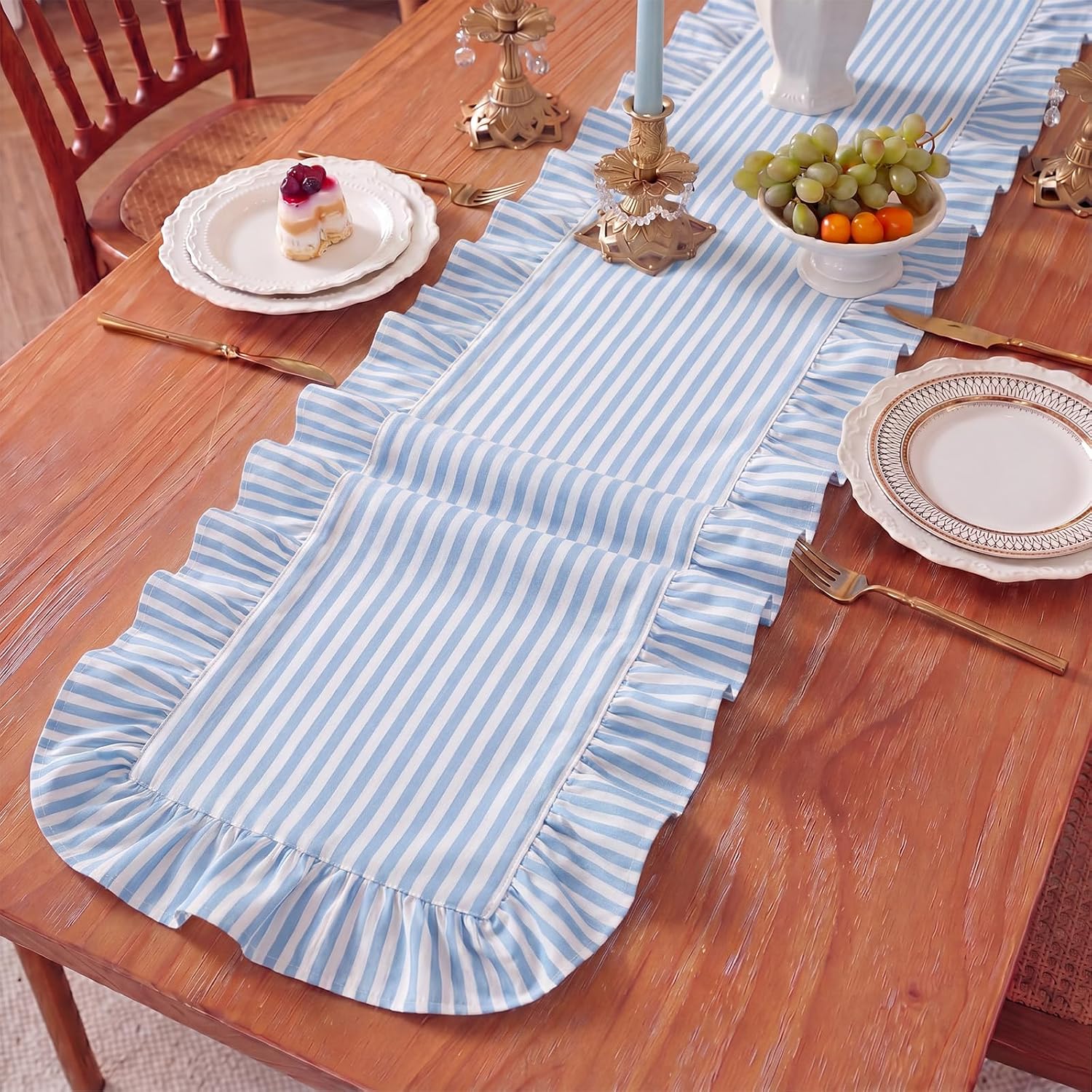HunnmingRe Ruffle Trim Boho Table Runner Farmhouse Rustic Stripes Scalloped Table Runner Decorative Cloth for Home Dining Cafes Restaurants Hotel Baby Shower Wedding(Bule,14x72inch)