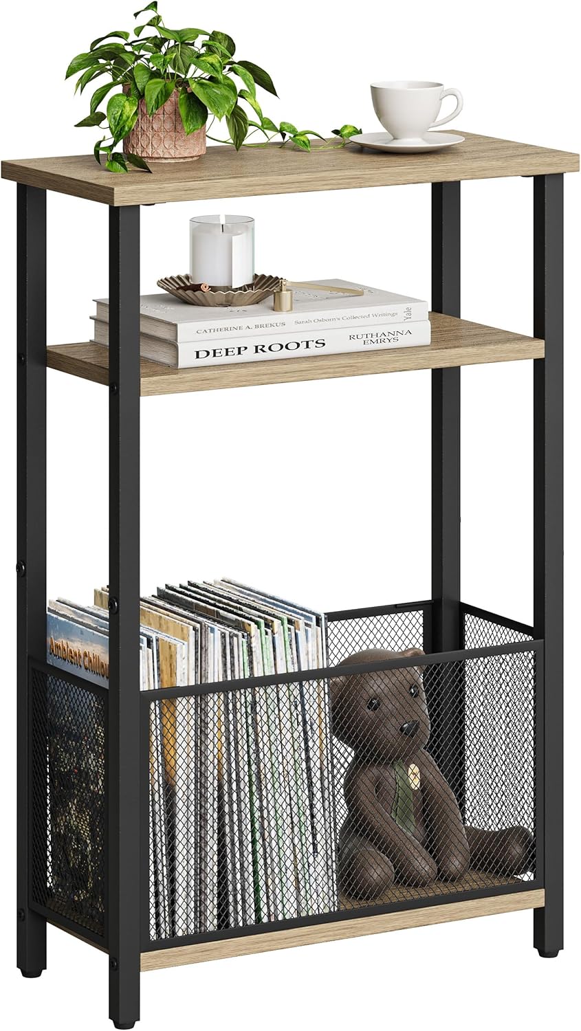 MMEOLUOOK Narrow Side Table with Storage Basket Skinny End Tables for Smalls Spaces 3 Tier Sofa Table Small Nightstand Slim Bedside Table for Living Room Bedroom Greige MLBZ22GR