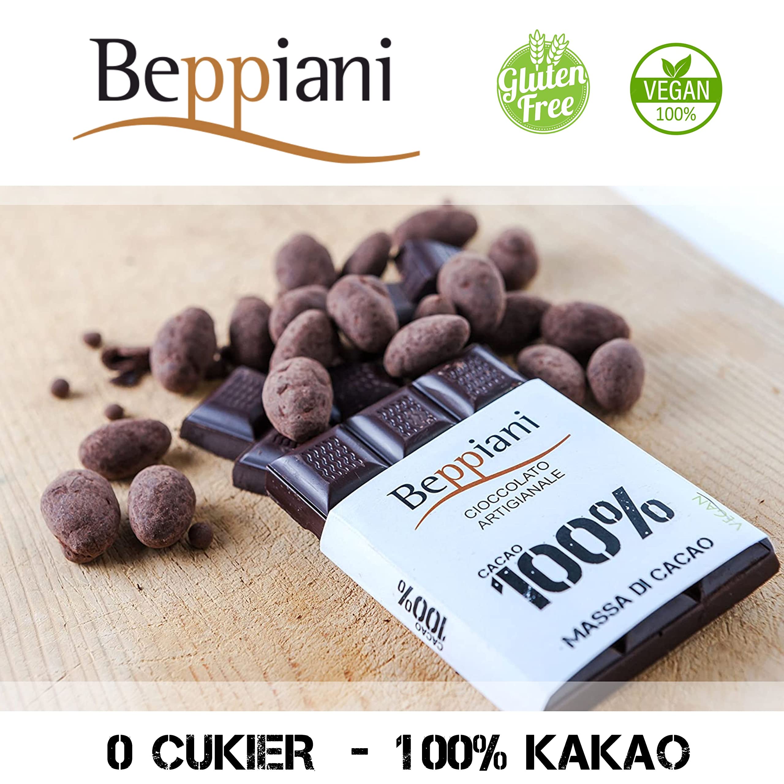Beppiani 100% Masy Kakaowej Czekolada Artisan Wegańska Bez Cukru Zestaw 11 sztuk Made in Italy