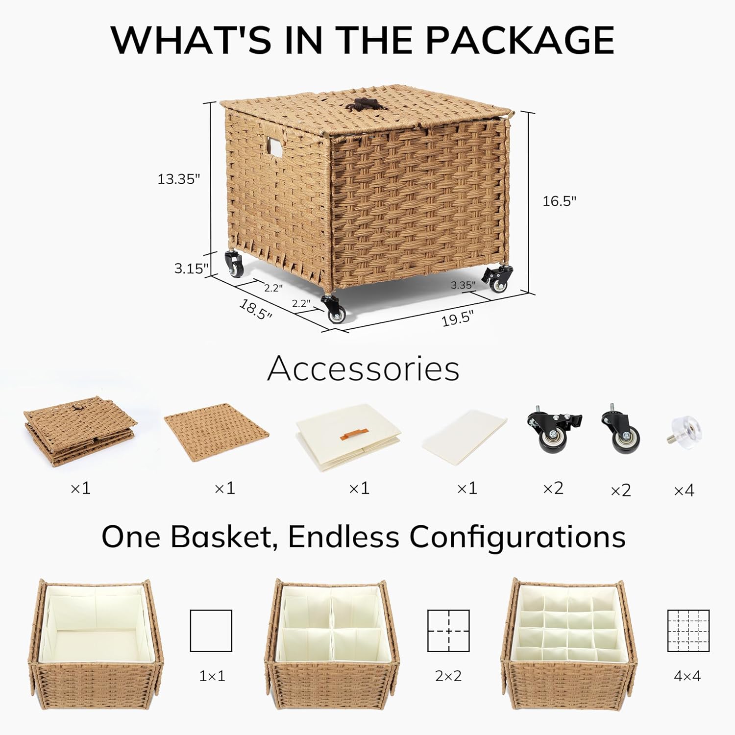 BROWNLILY Rolling Shoe Organizer with Double-Door Lid, Faux Rattan Woven Entryway Storage Basket with Metal Frame & Silicone Pads, Removable Liner & 16-Grid Adjustable Dividers, Natural