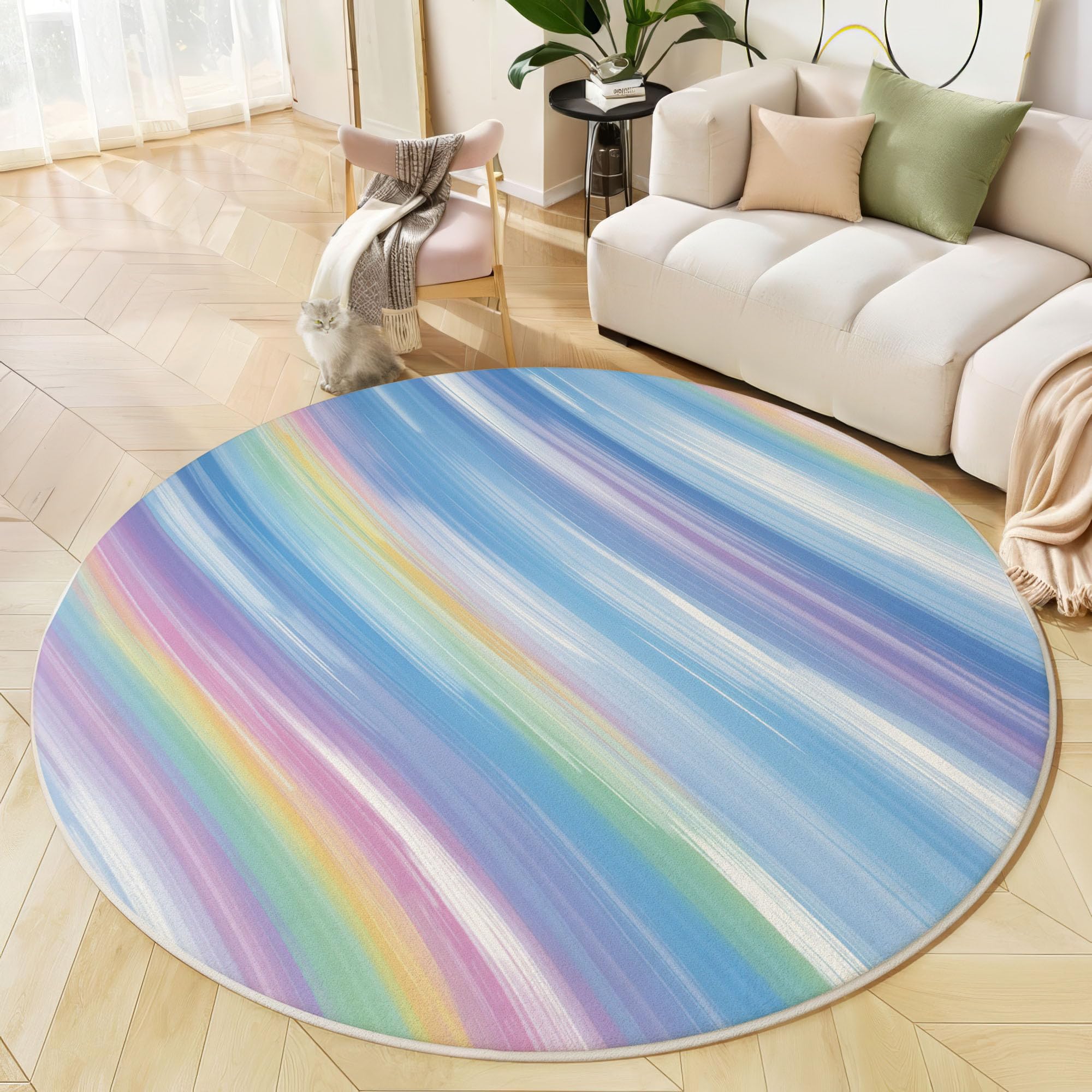 Tapis rond bleu ciel 160 cm pour chambre à coucher au design rayures arc-en-ciel