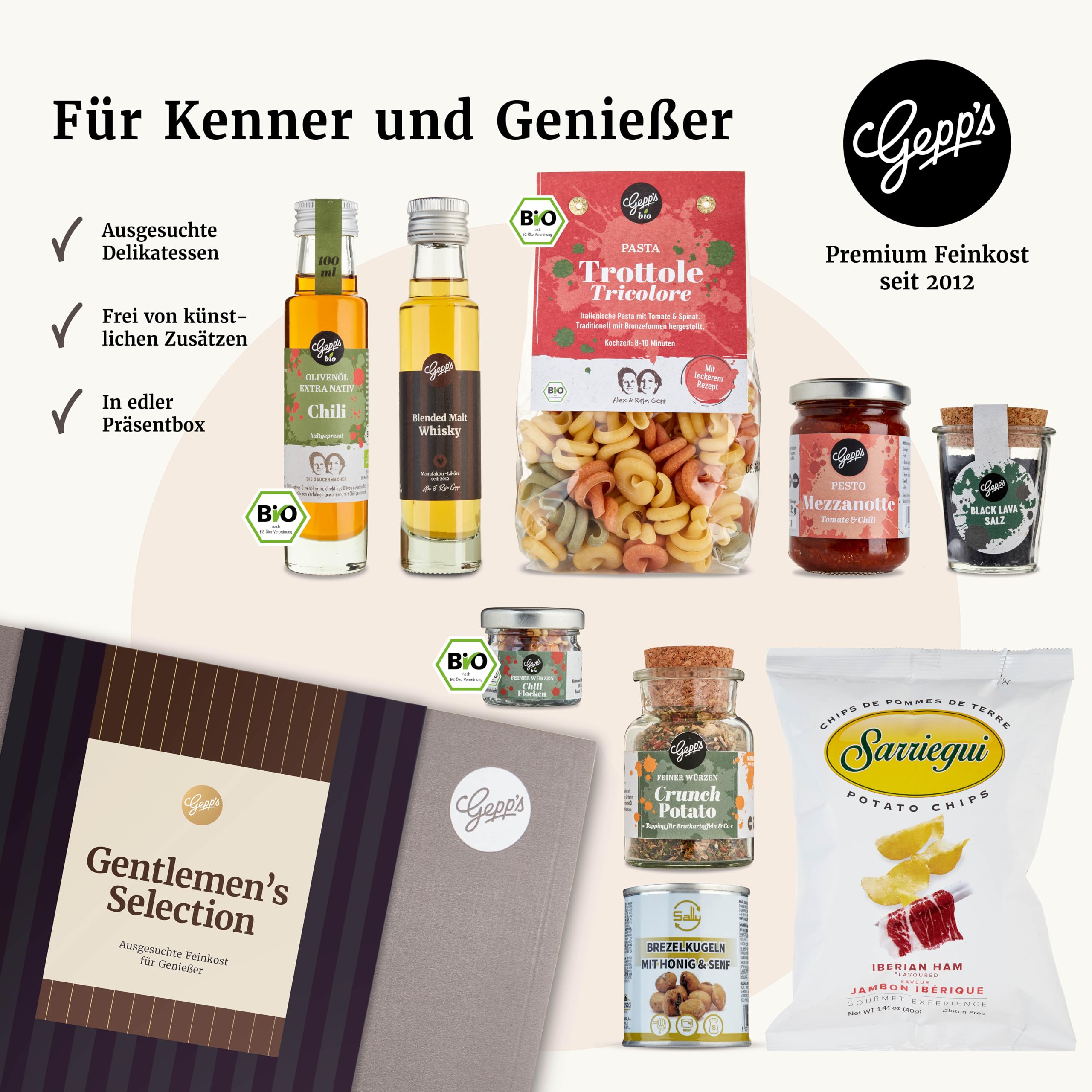 Gepp’s Feinkost Geschenkset Männer Gentlemen’s Selection Geschenkkorb mit Spezialitäten Whisky Pasta Pesto Mezzanotte Iberic Ham Chips