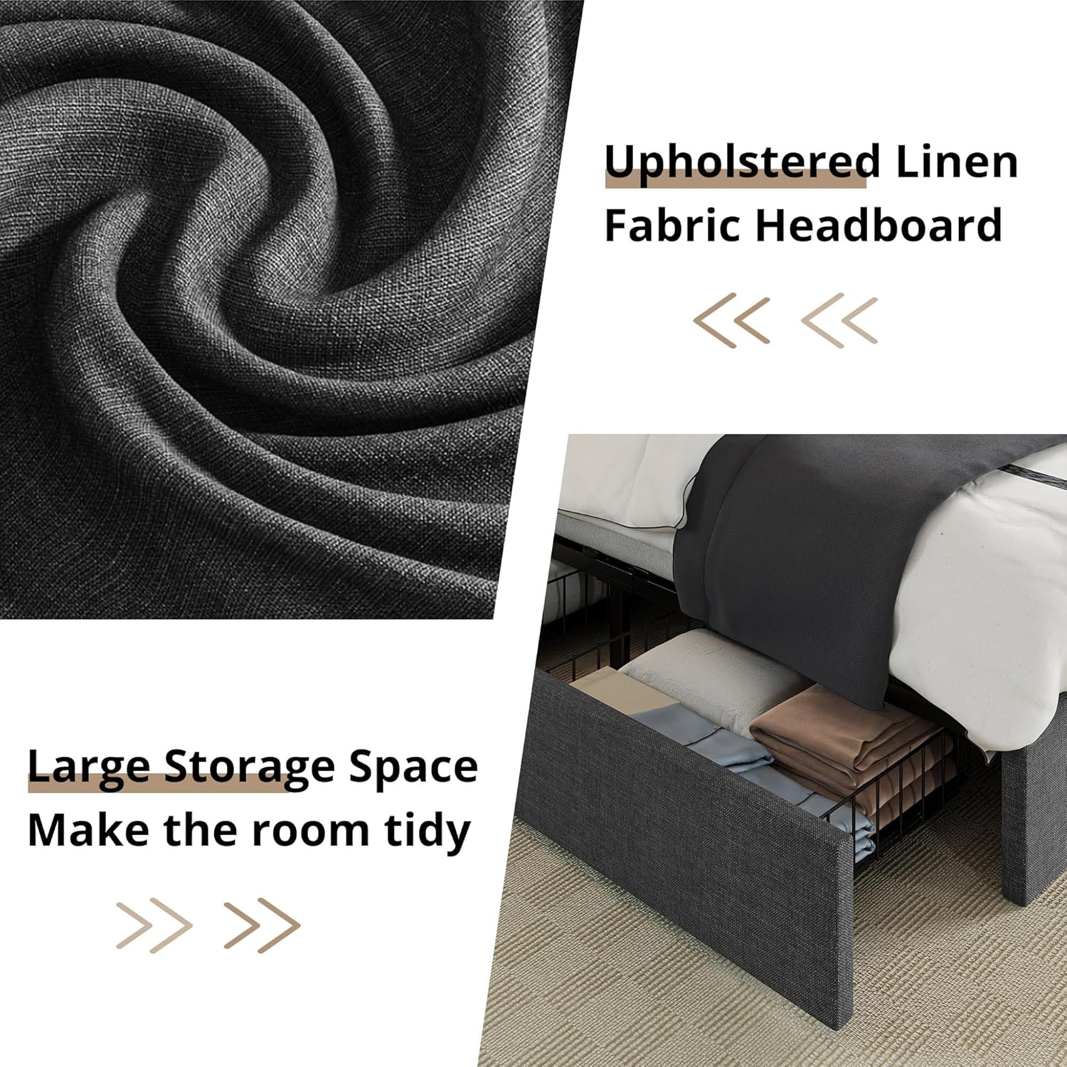 Close-up of the dark gray upholstered fabric of the LIKIMIO bed frame.