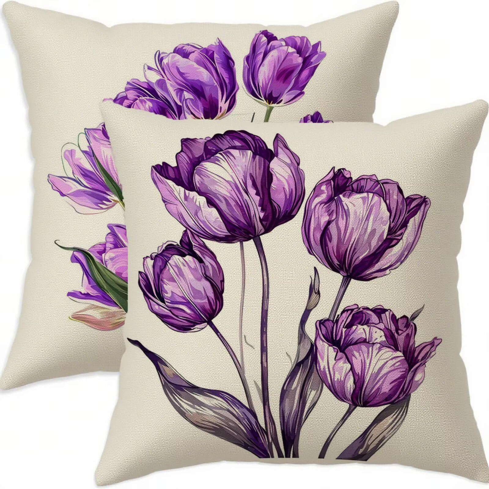 Housse Coussin 65x65cm Violet en Lin Idéale pour Décoration Salon et Chambre Vintage D666