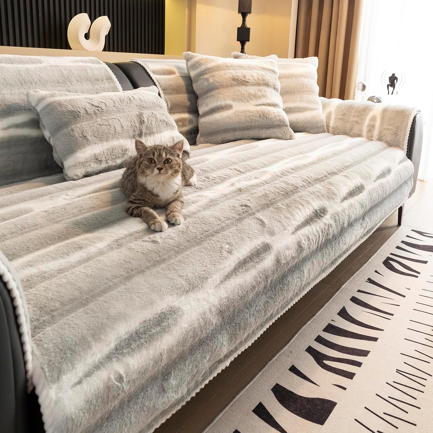 vctops Soft Faux Rabbit Fur Fleece Sofa Couch Covers Grey Stripe Fluffy Cozy Sectional Couch Cover Luxury Fuzzy Non Slip Sofa Slipcover Furniture Protector (Light Grey,28"x82")