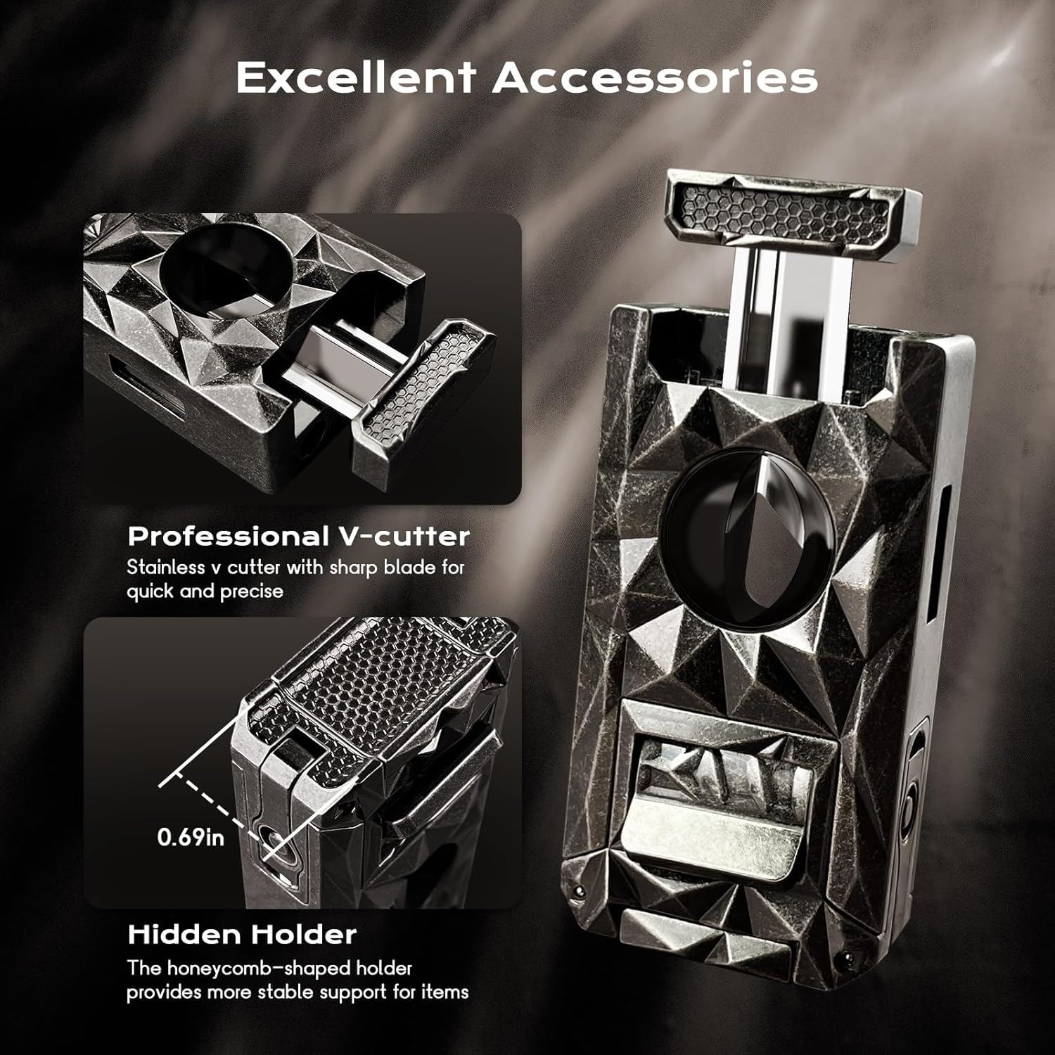 5-in-1 Torch Lighter, with V-Cutter, Holder, Punch, Draw Enhancer Tool, Windproof Triple Flame Torch Lighter, Multifunctional Accessories Gifts for Men, Refillable Butane Lighter for Candles, Travel