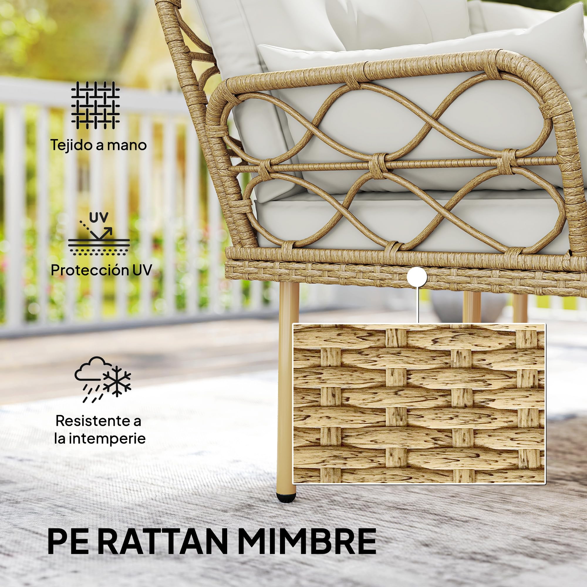 Outsunny Conjunto de Jardín de Ratán, Juego de 3 Piezas Muebles Jardín Exterior con 1 Sofá de 2 Plazas, 1 Sofá Esquinera, 1 Mesa de Centro Metálica de 2 Niveles y Cojines, Anti-UV, para Patio, Crema
