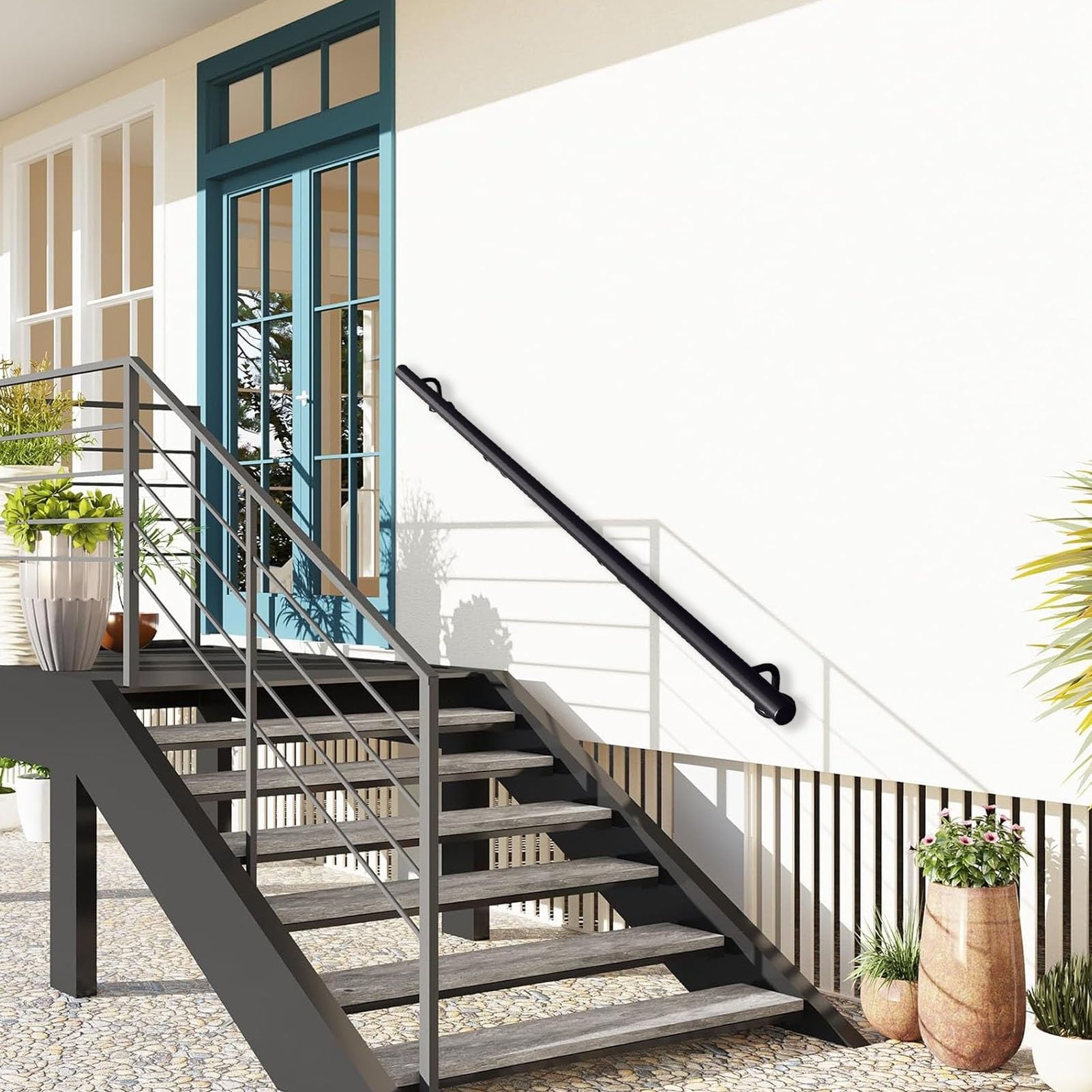 Main courante d'escalier extérieure en fer forgé noir mat, rampe de sécurité 420cm