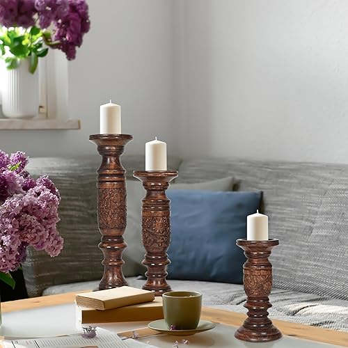 Miniatura 6 de Portavelas de pilar para velas de pilar, portavelas de madera, portavelas de granja para centro de mesa, portavelas rústico, juego de 3, (9, 12, 15