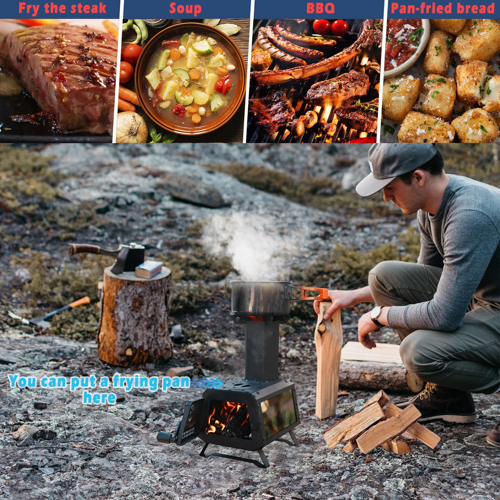 Wood Burning Stove with Fire Window,Portable Tent Stove with 7 Sectional Chimney Pipes,Sturdy Camping Wood Stove with X-shaped Pot Holder for Outdoor Backpacking,Cooking,Hiking and Heating