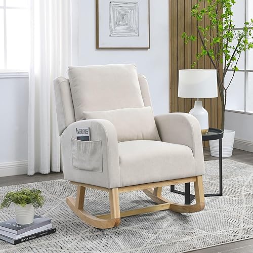 Miniatura 3 de Mecedora moderna, cómoda silla decorativa con 1 almohada lumbar y 2 bolsillos laterales, silla deslizadora tapizada para dormitorio, oficina, sala