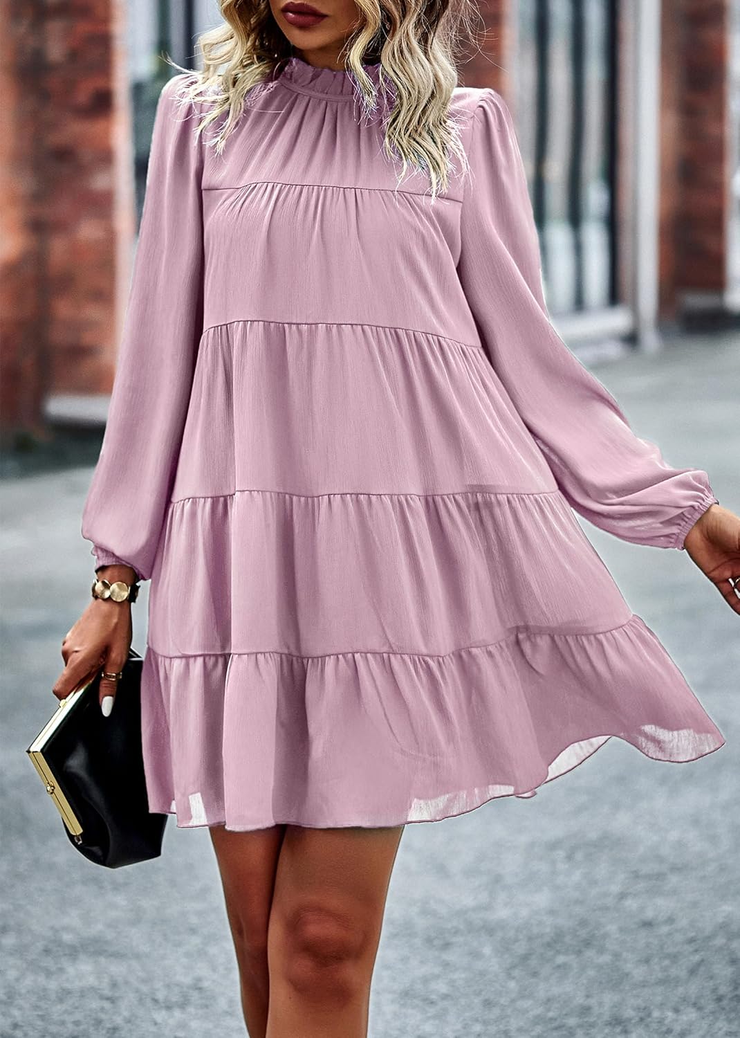 KIRUNDO Long Sleeve Baby Doll Dresses Women 2026 Casual Spring Summer Ruffle Mock Neck Tiered Mini Flowy Swing Shift Dress - Image 4