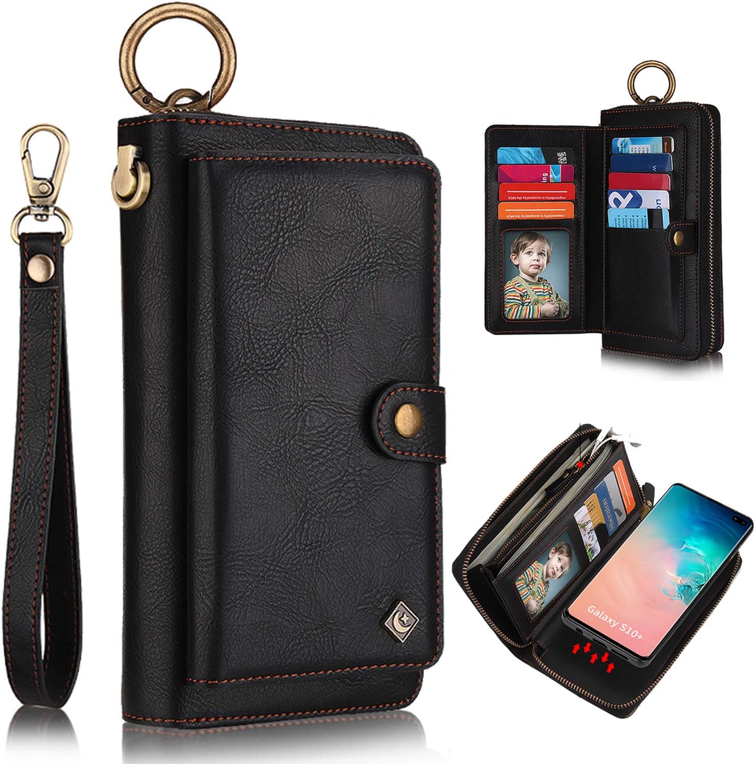 XRPow Galaxy S10 Plus Case, S10+ Case Wallet, [2 in 1] [Magnetic Detachable] Zipper Wallet Folio Case [Wrist Strap] Slim Shock Back Cover with Credit Card Purse for Samsung Galaxy S10 Plus - Black
