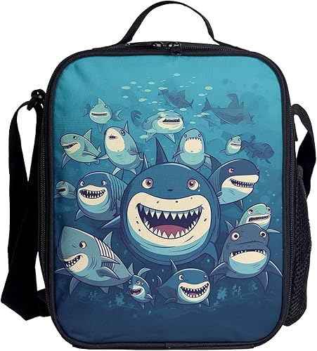 Miniatura 2 de Lonchera térmica con diseño de tiburones con diseño de tiburones para niños, correa ajustable para el hombro, reutilizable, para escuela, trabajo,