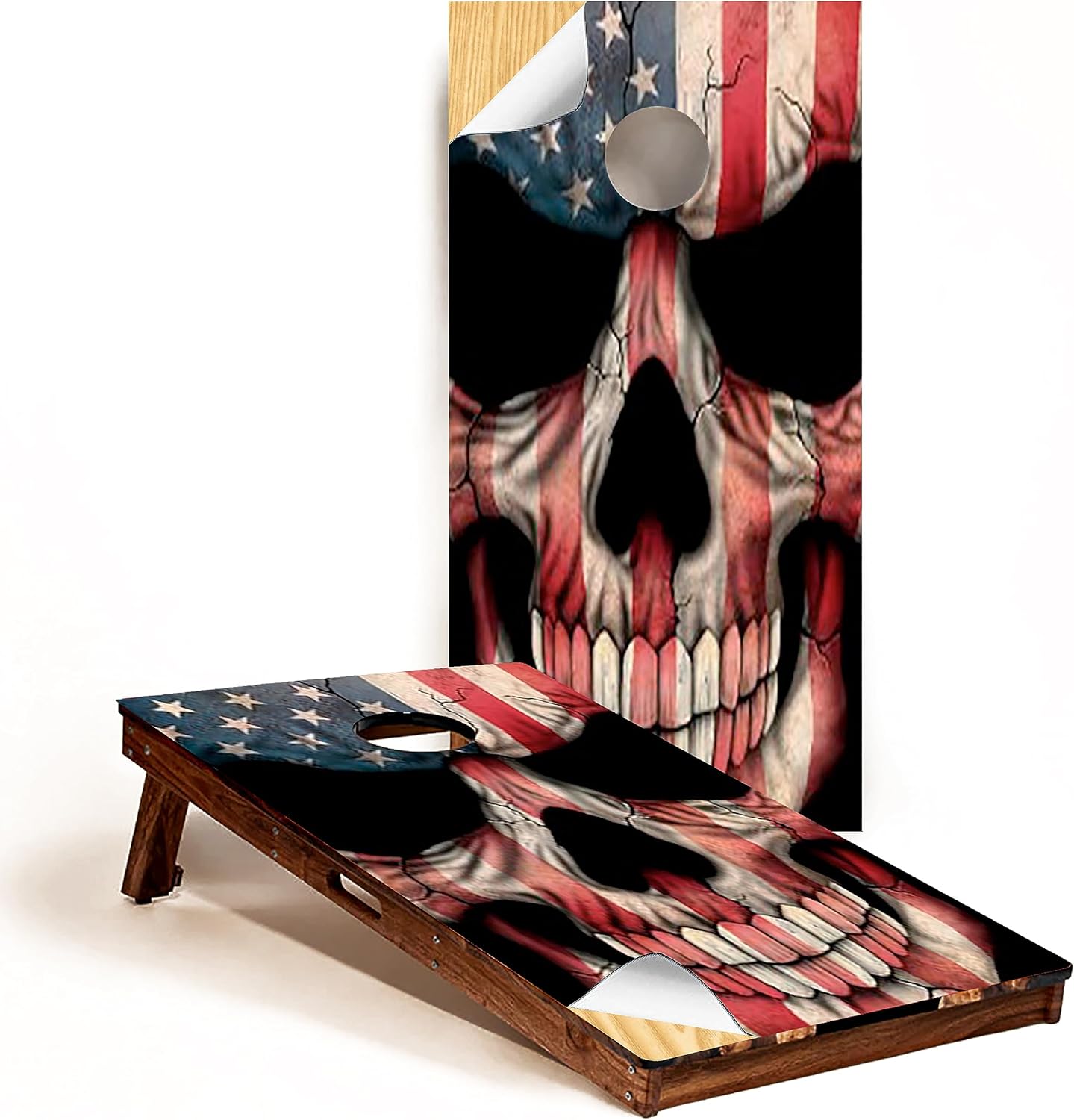 GRAPHIX Express - American Flag Cornhole Board Wrap - C22 American Flag Skull - Laminated Weatherproof Vinyl Decal - Easy Bubble-Free Application - Stickers Dimensions: 2' x 4' - Set of 2