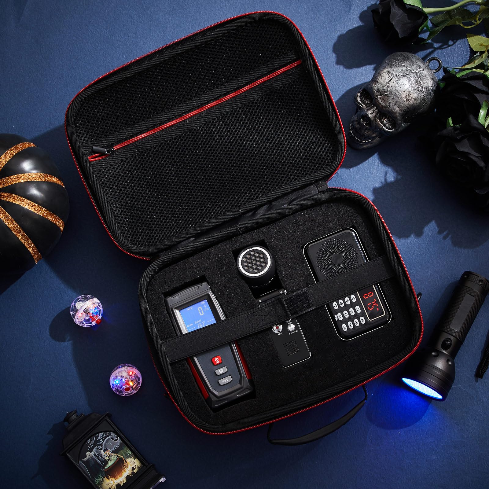 Dunzy 8-teiliges Geisterjagdausrüstungs-Set, enthält 1 Emf-Meter, 1 Geisterjagd-Forschungskoffer, 1 Sprachrekorder, 1 Taschenlampe, 1 Lautsprecher, 2 bewegliche Katzenbälle und 1 FM-Radio (EMF-Meter 2