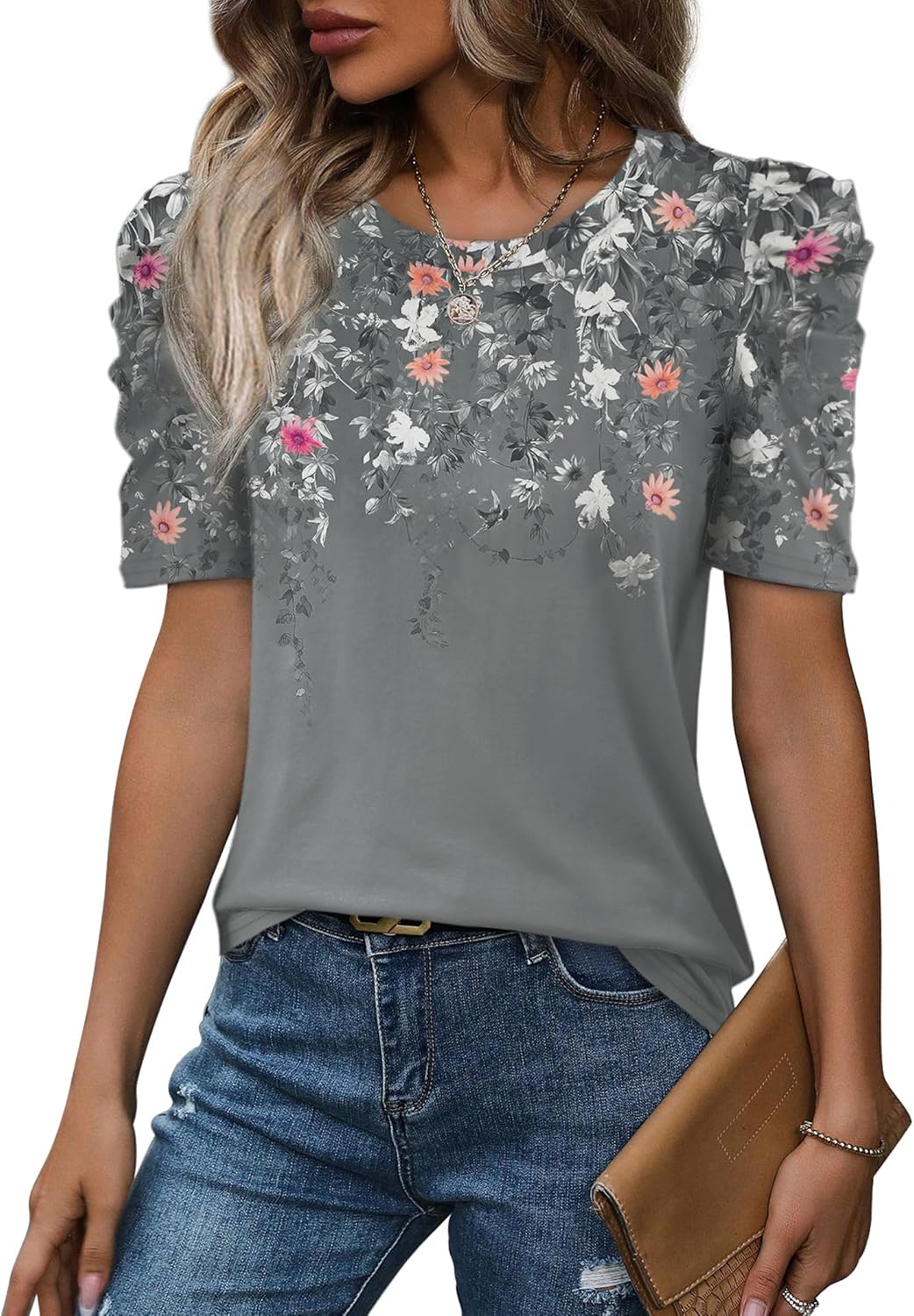 WIHOLL Summer Tops for Women Puff Sleeve Crewneck T Shirts Dressy Casual Blouses Spring Outfits Fashion Clothes - Image 3