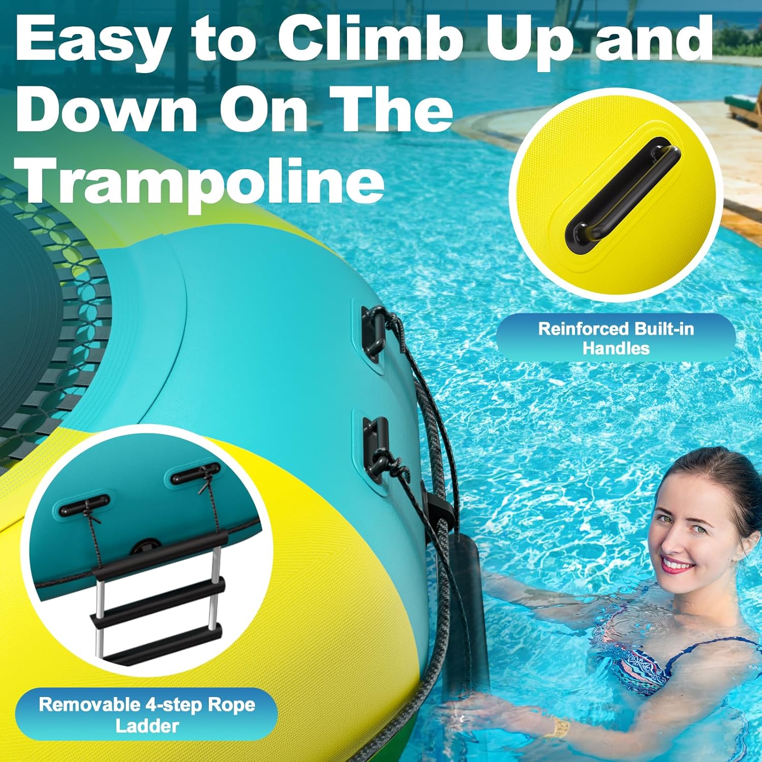 6FT/10FT12FT/15FT Inflatable Water Trampoline, Recreational Water Bouncer, Adults Youth Floating Rebounder with 4-Step Ladder, Portable Bounce Swim Platform for Pool, Lake, Water Sports