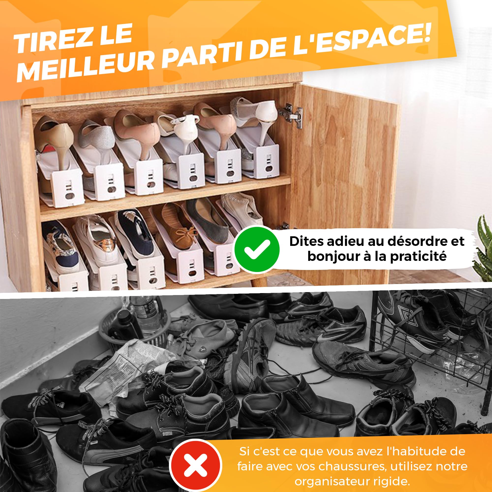 Range Chaussures Gain de Place – Organisateur chaussures double couche réglable | Rangement chaussures placard ou étagère | Support chaussures empilable (Blanc,24)