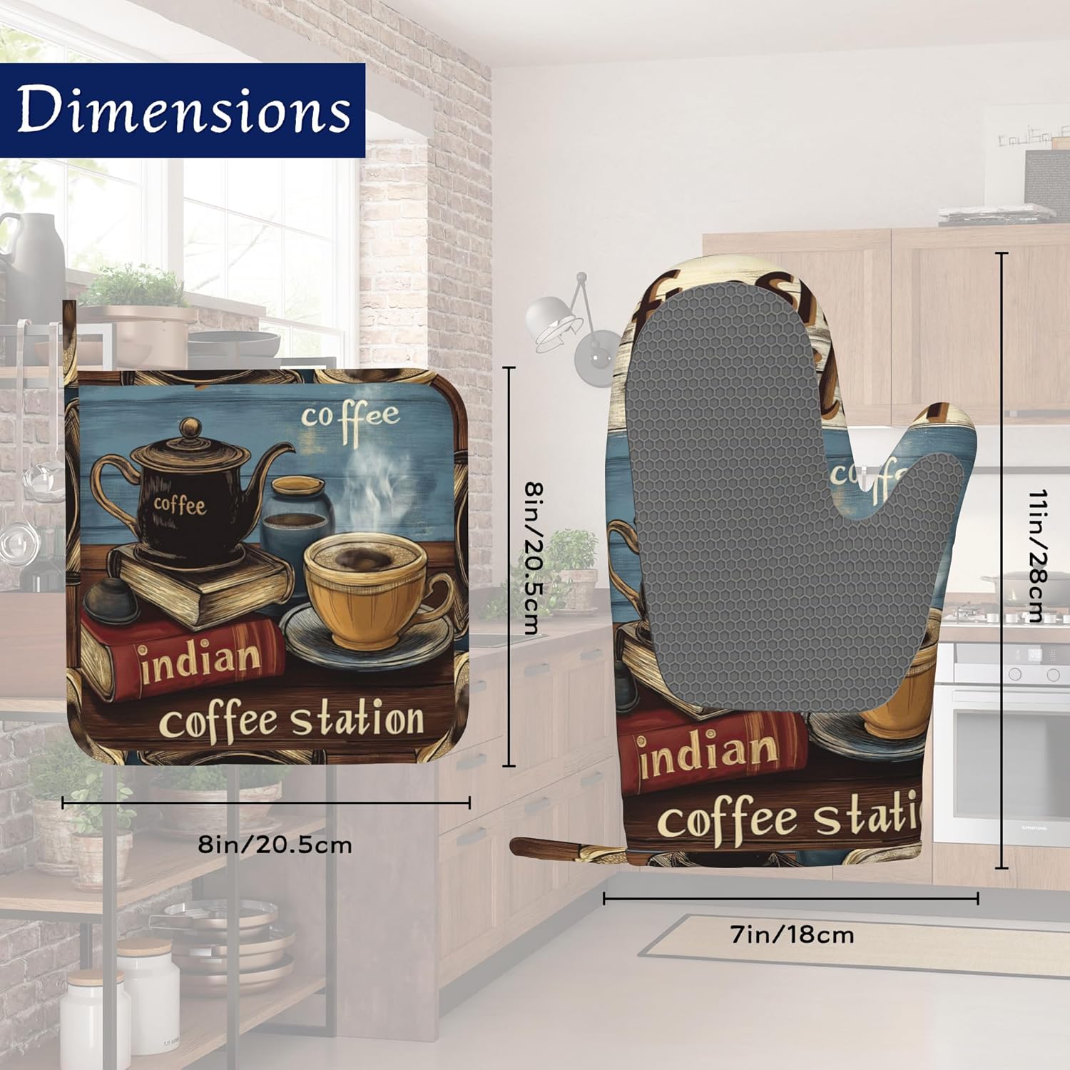 Rustic Coffee Pot Holders and Oven Mitts Set Silicone Vintage Book Coffee Kitchen Gloves Potholders Heat Resistant Washable,Chef Cooking Baking Gifts for Women Men Bakers Lover Cooks