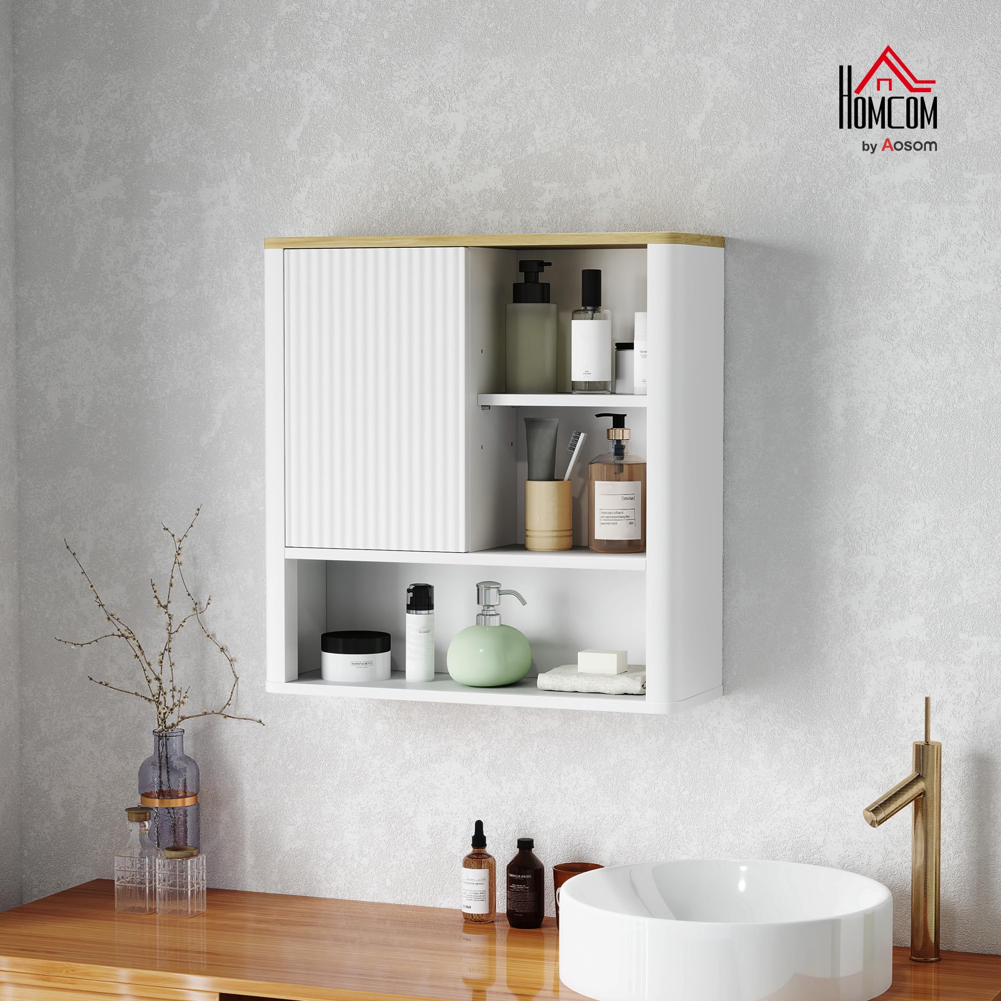 HOMCOM Armario de Baño de Pared Mueble de Baño Colgar con Estantes Ajustables Puerta Corredera Compartimentos y Diseño con Perfil Curvo 60x20x62 cm Blanco