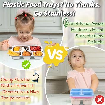 3-Pack Stainless Steel Snack Containers & Meal Plates, 5 Compartments