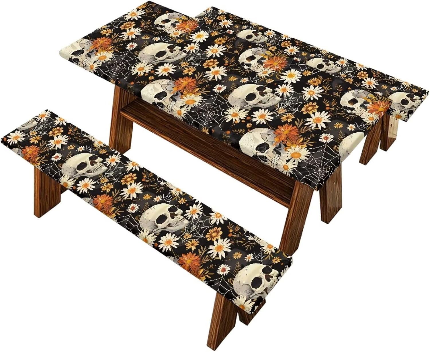 Skull Waterproof Picnic Table Cover and Bench Covers Fitted Tablecloth Cover with Elastic Straps Rectangle Picnic Tablecloth Camping Accessories for Outdoor