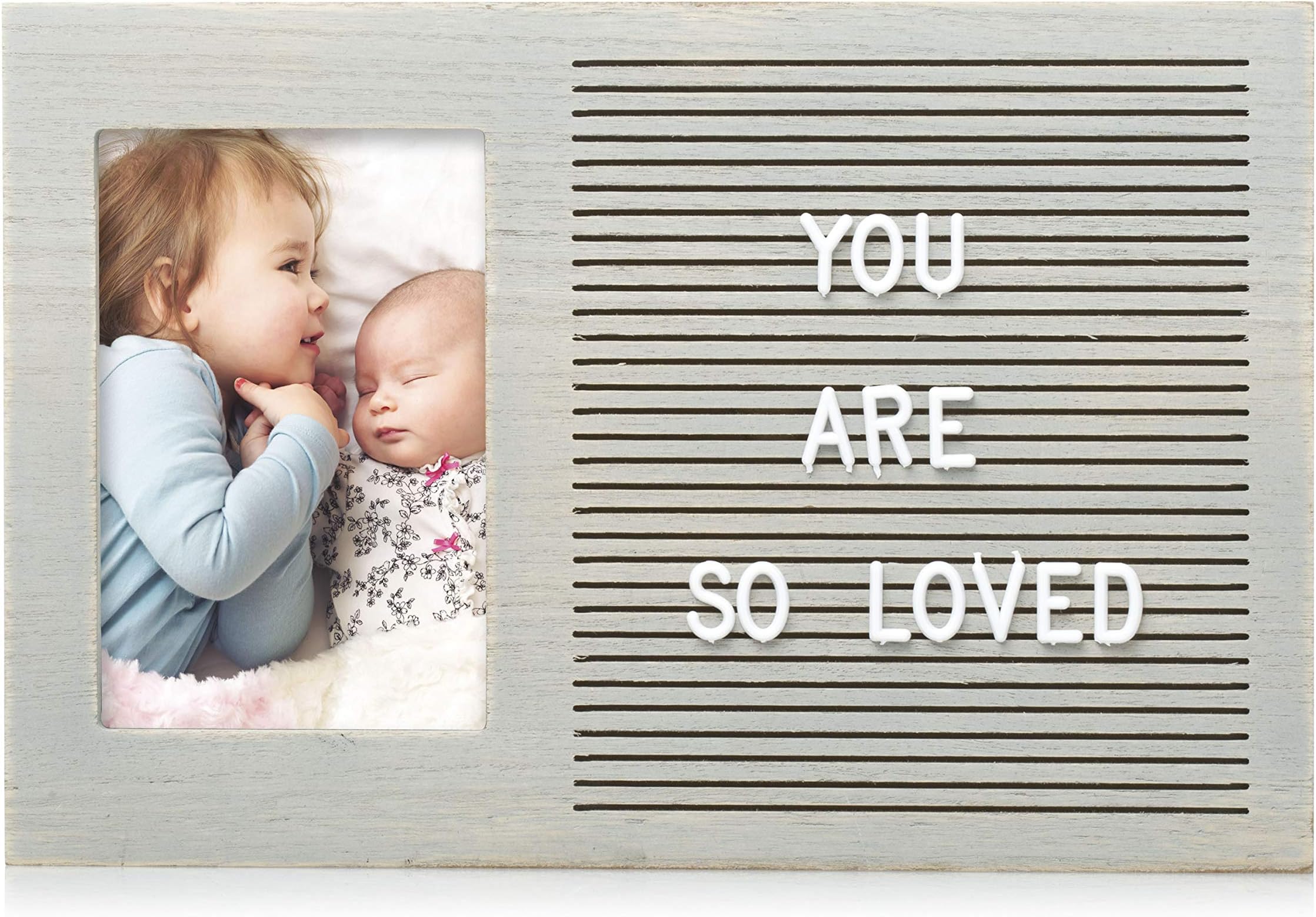 Pearhead Letterboard Photo Frame, Includes 294 Letters, Perfect Message Board For A Rustic Nursery Or For Photo Sharing, Baby Announcement, Distressed Gray