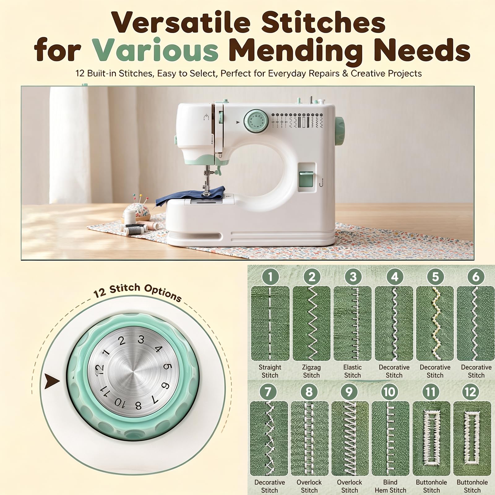 Macchina da cucire portatile, 12 punti, macchina da cucire elettrica per bambini e adulti, con accessori da cucito, ideale per riparazioni rapide e fai da te (verde)