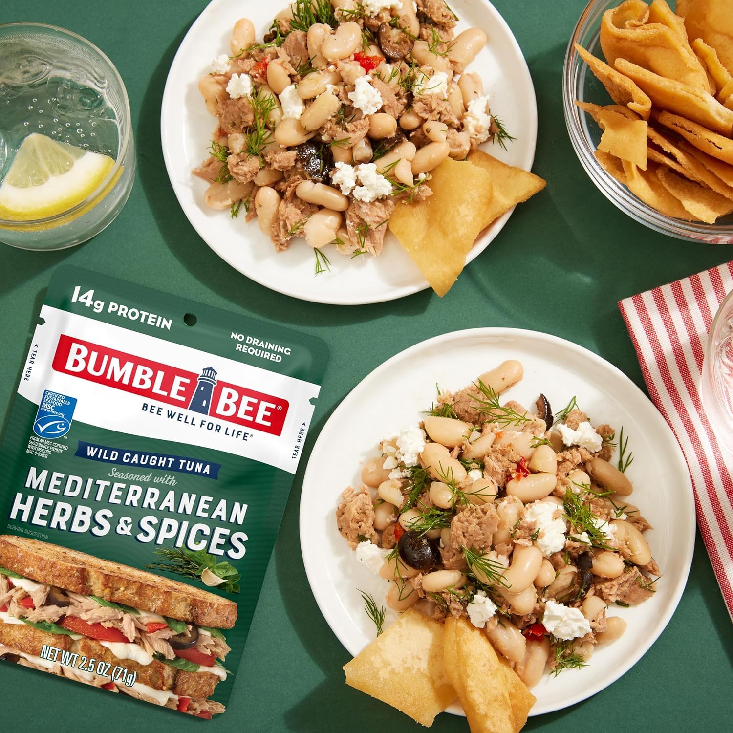Bumble Bee Seasoned Tuna Pouch Fresh Flavors Bulk Bundle (24 Total Pouches) - Lemon & Pepper Tuna and Mediterranean Herbs & Spices Tuna - Ready to Eat 2.5 oz Packets