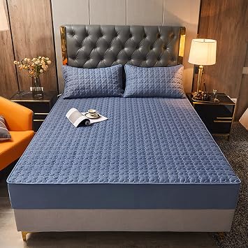 FCLDESHOP Breathable Mattress Protector,Solid Color Thickened Pure Cotton Quilted Bedding Sheets, Holiday Home Anti-Slip Mattress Topper Pillowcase,Blue,160x200cm +30cm 3pcs