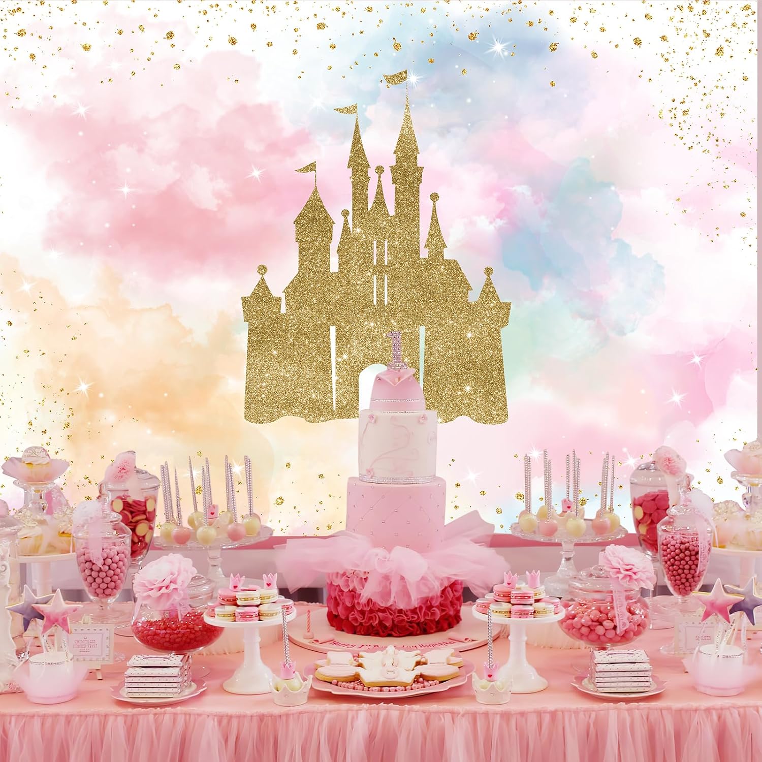Mocsicka Princess Castle Birthday Backdrop Watercolor Pastel Rainbow Birthday Background Gold Glitter Royal Party Cake Table Decoration Photo Booth Props (7x5ft)