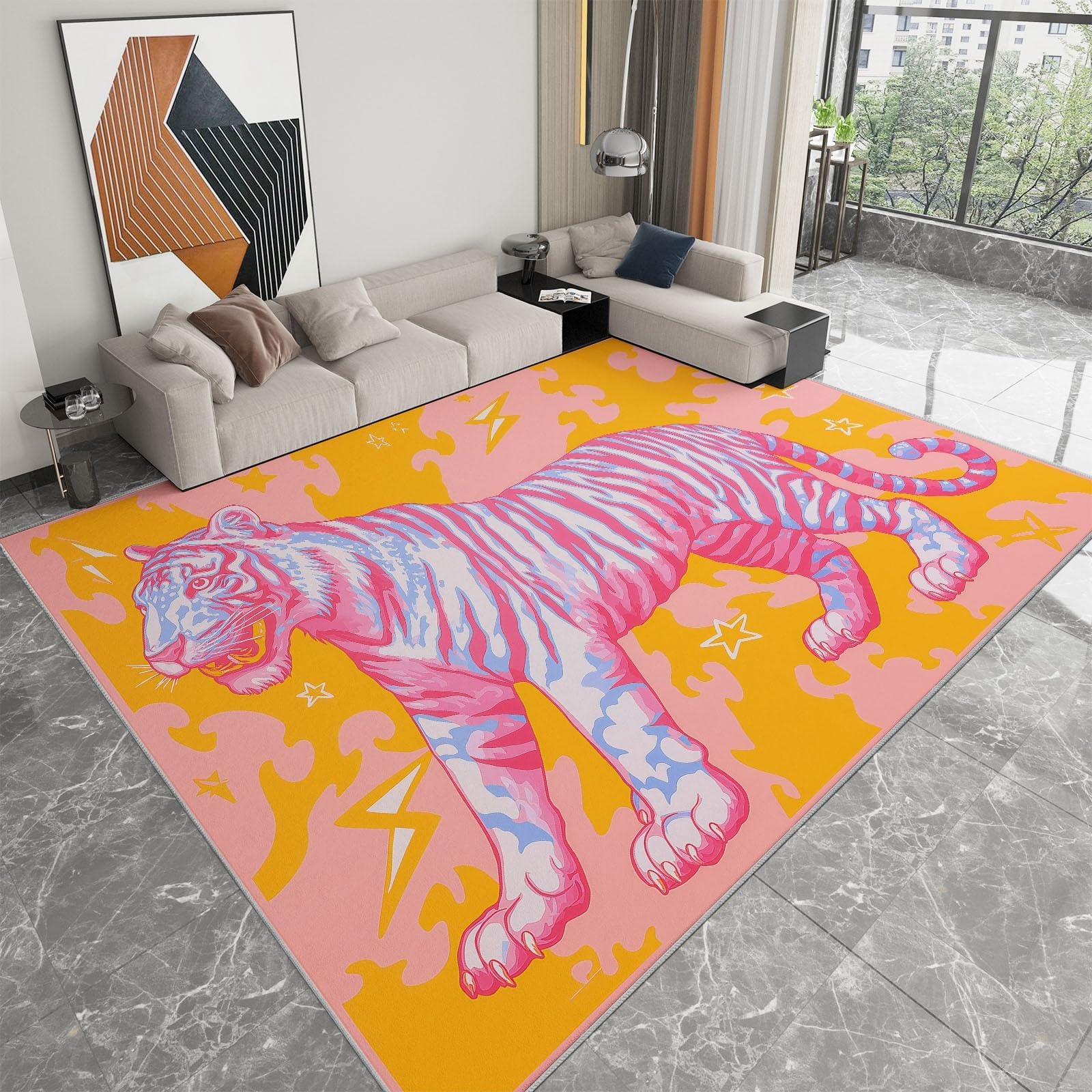 Tapis Tigre Rose pour Salon 200 x 250 cm, Lavable, Fin, Doux et antidérapant, pour Couloir, Chambre ou Bureau, Motif Animal Sauvage